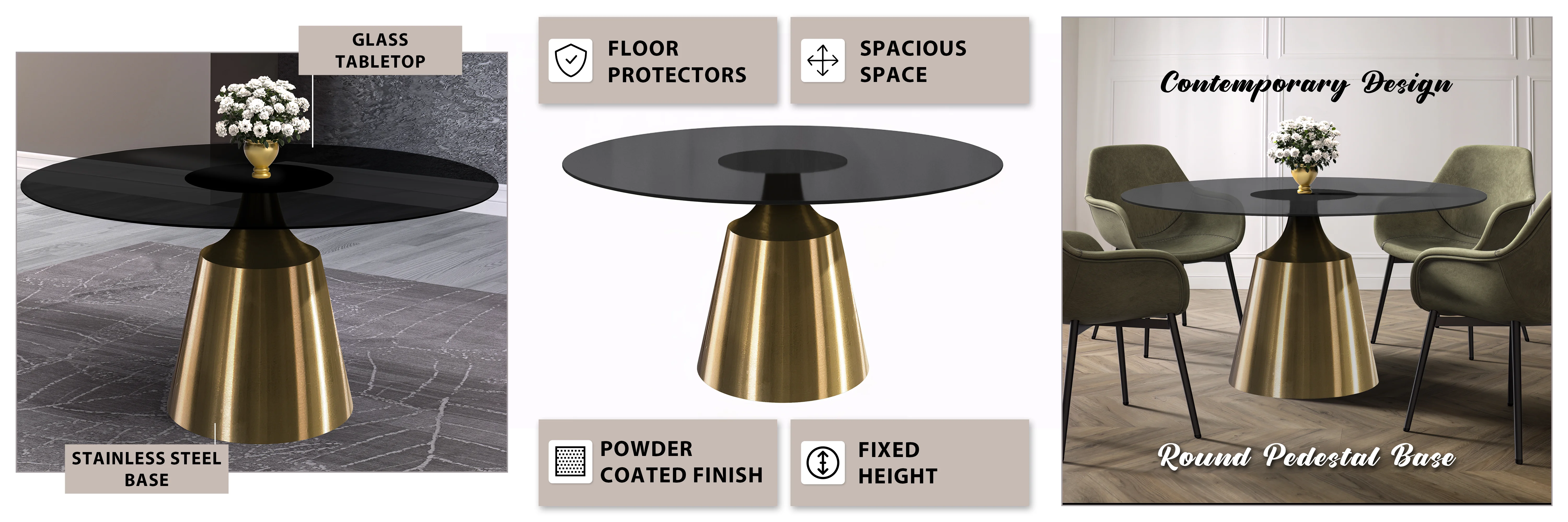 Prynn Series Round Dining Table Gold Base with 60 Round BLack Glass Top