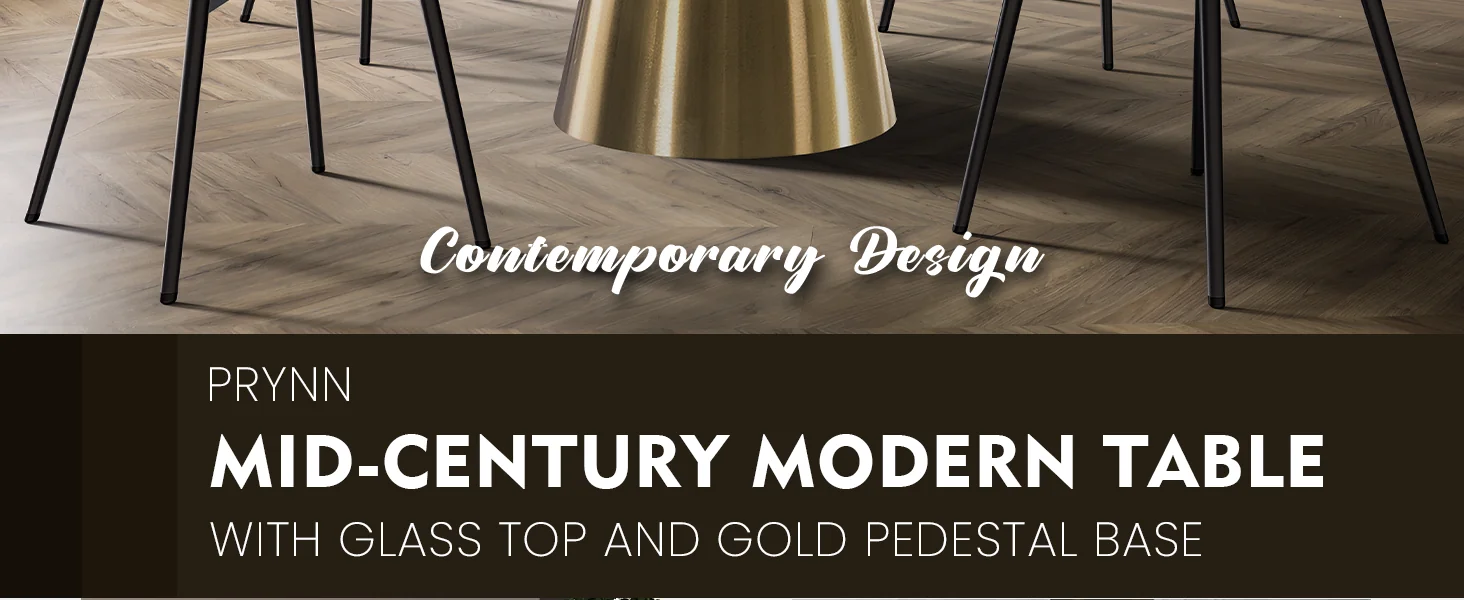 Prynn Series Round Dining Table Gold Base with 60 Round BLack Glass Top