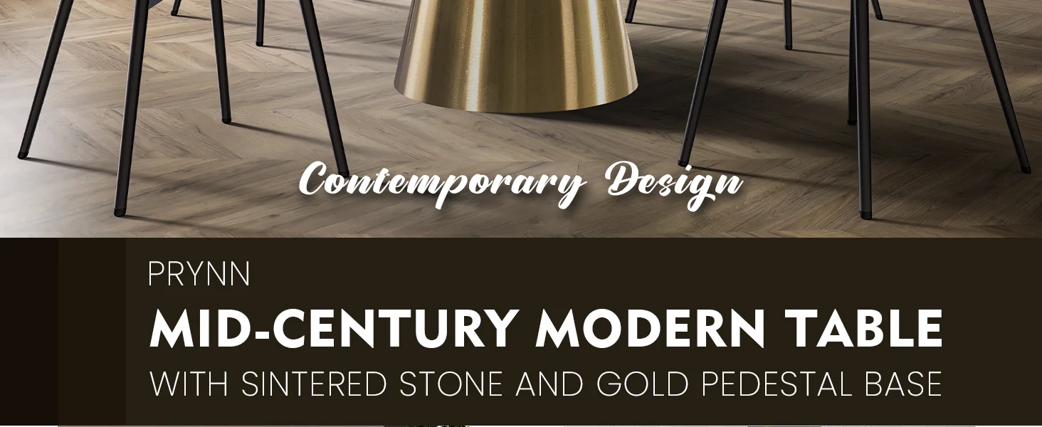 Prynn Series Round Dining Table Gold Base with 60 Round White Grey Sintered Stone Top