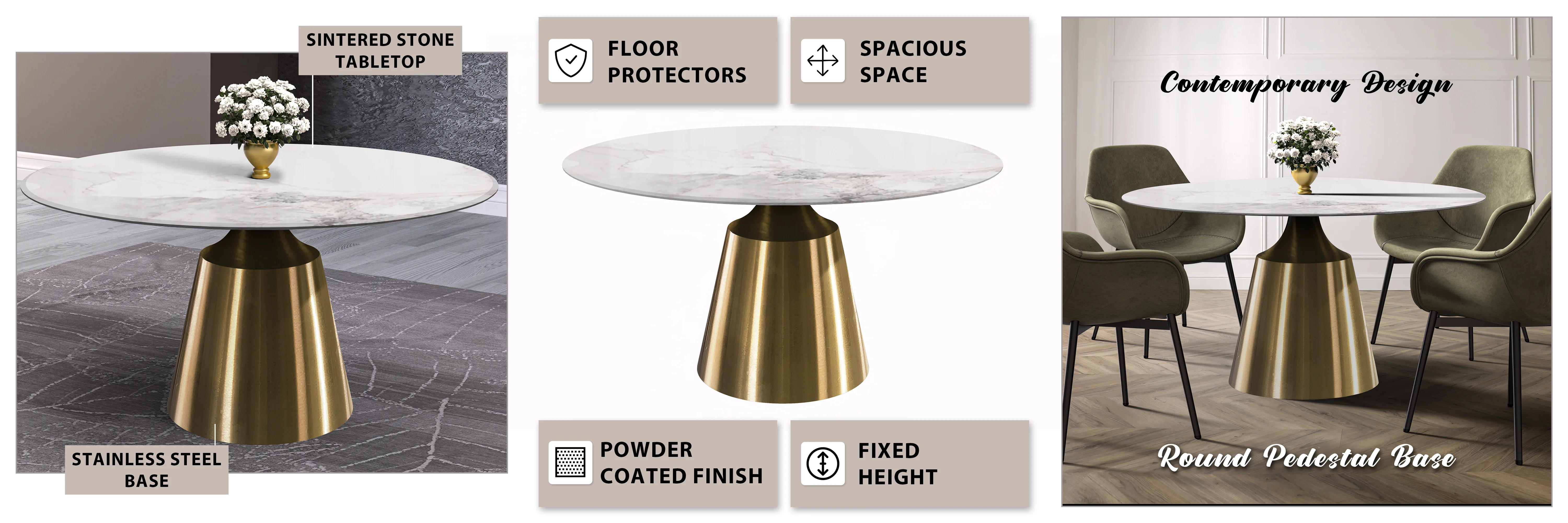 Prynn Series Round Dining Table Gold Base with 60 Round White Grey Sintered Stone Top