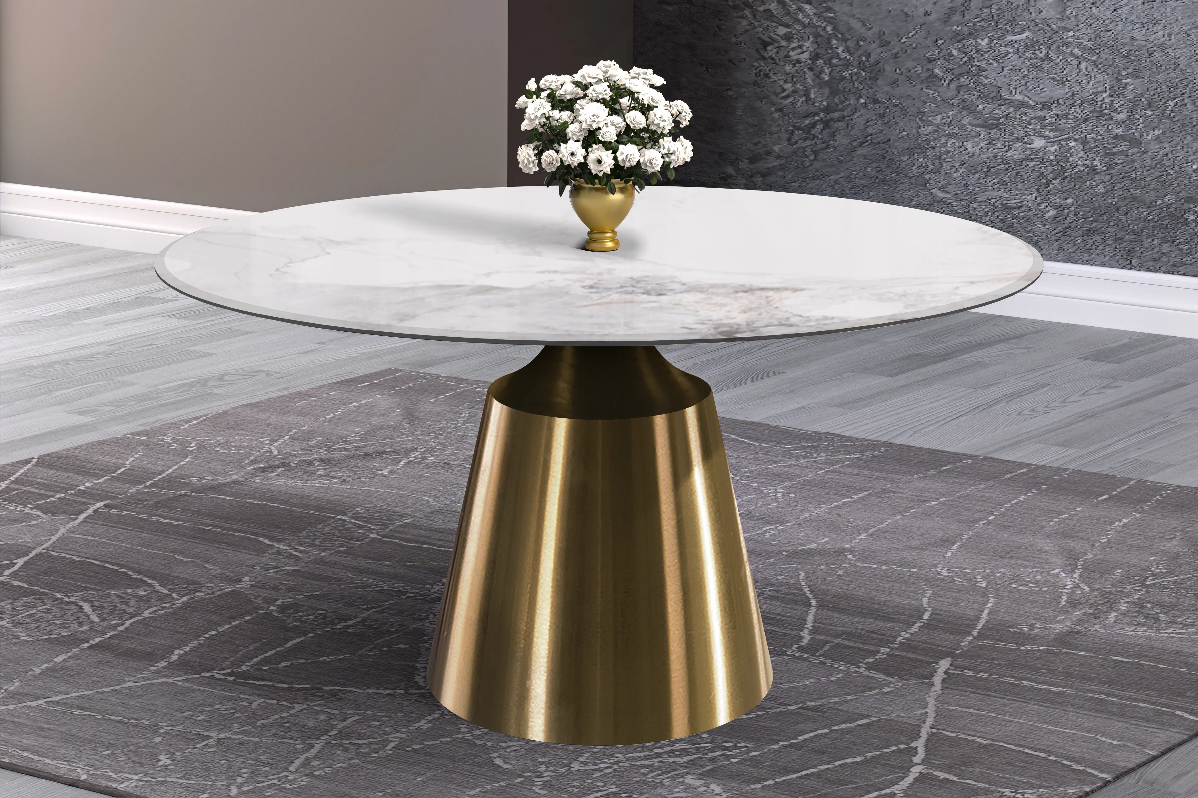 Prynn Series Round Dining Table Gold Base with 60 Round White Grey Sintered Stone Top