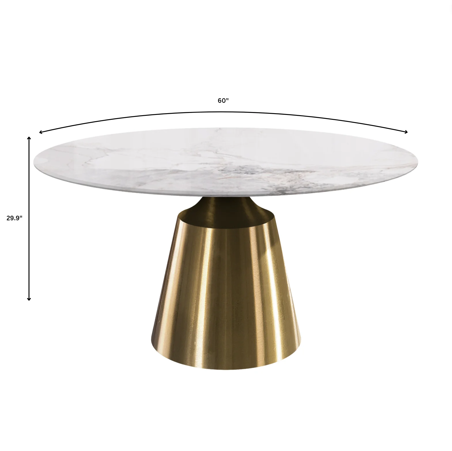 Prynn Series Round Dining Table Gold Base with 60 Round White Grey Sintered Stone Top