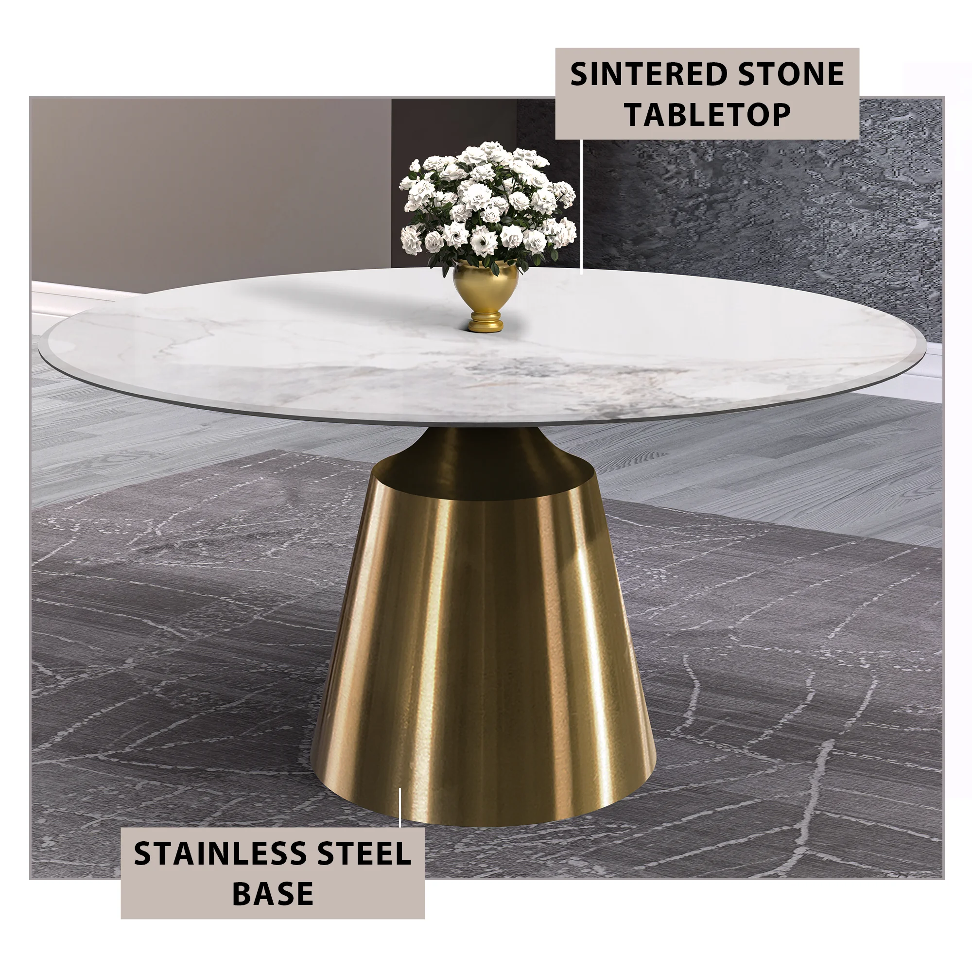 Prynn Series Round Dining Table Gold Base with 60 Round White Grey Sintered Stone Top