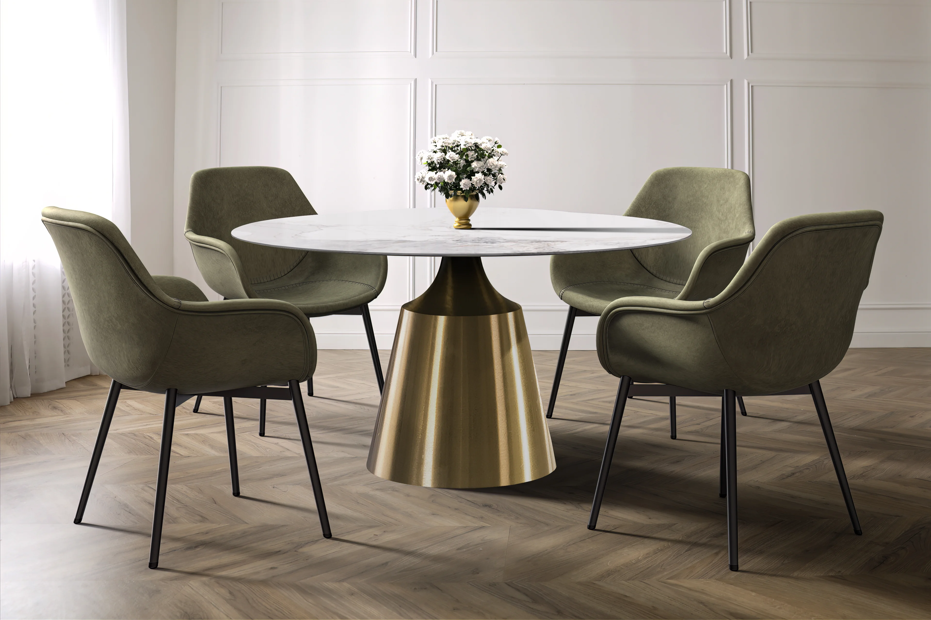 Prynn Series Round Dining Table Gold Base with 60 Round White Grey Sintered Stone Top