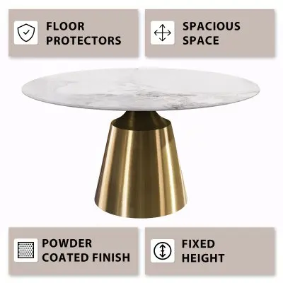 Prynn Series Round Dining Table Gold Base with 60 Round White Grey Sintered Stone Top