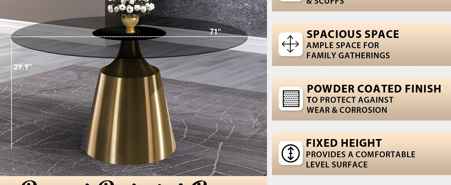 Prynn Series Round Dining Table Gold Base with 60 Round Clear Glass Top