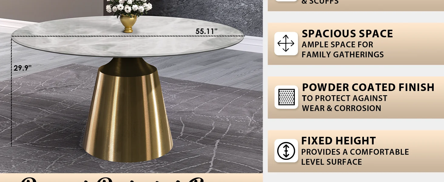 Prynn Series Round Dining Table Gold Base with 60 Round Light Grey Sintered Stone Top