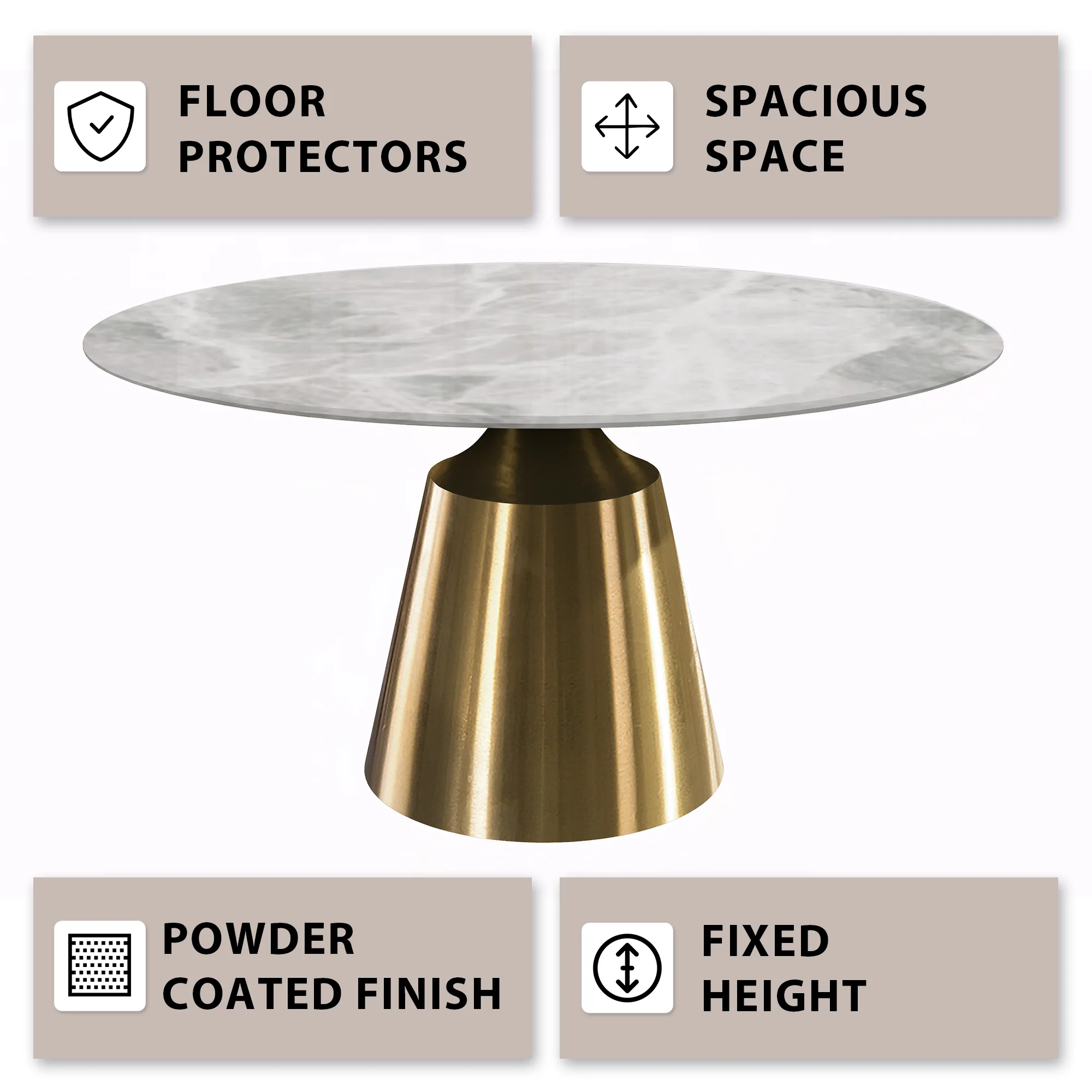 Prynn Series Round Dining Table Gold Base with 60 Round Light Grey Sintered Stone Top