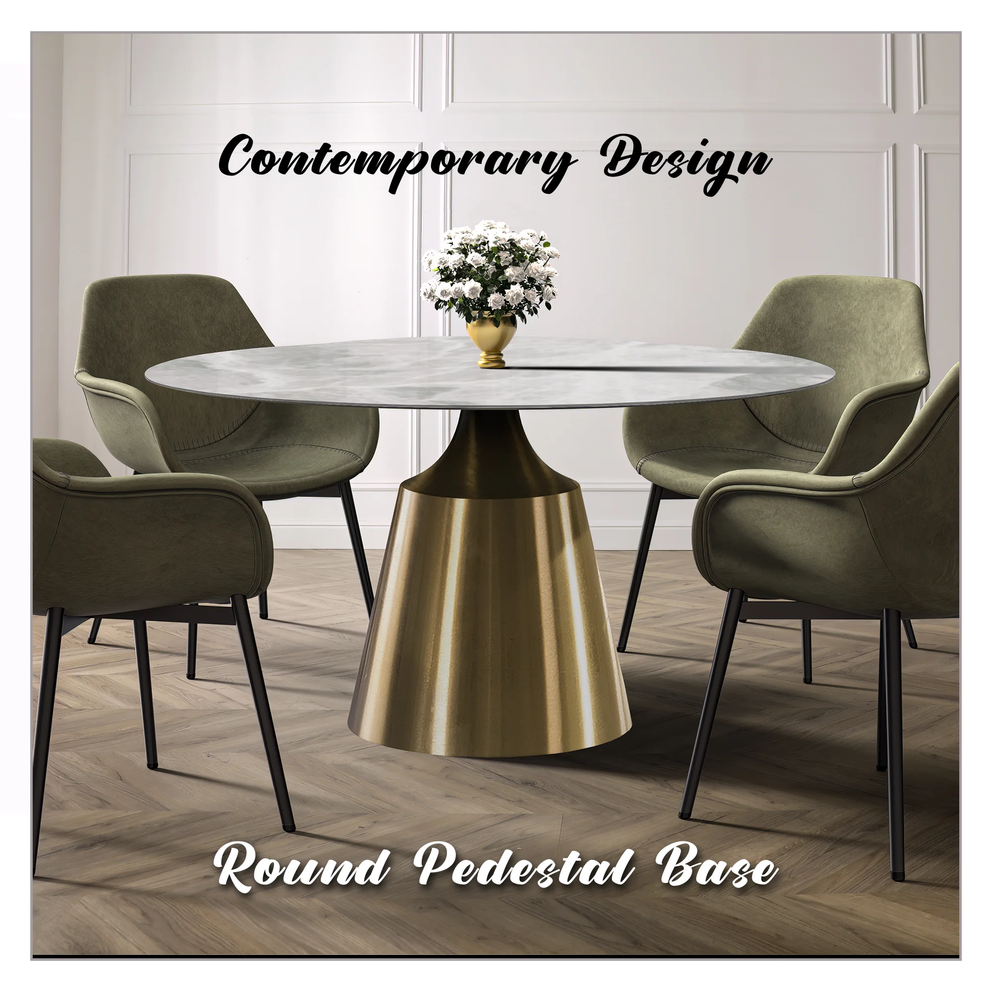 Prynn Series Round Dining Table Gold Base with 60 Round Light Grey Sintered Stone Top