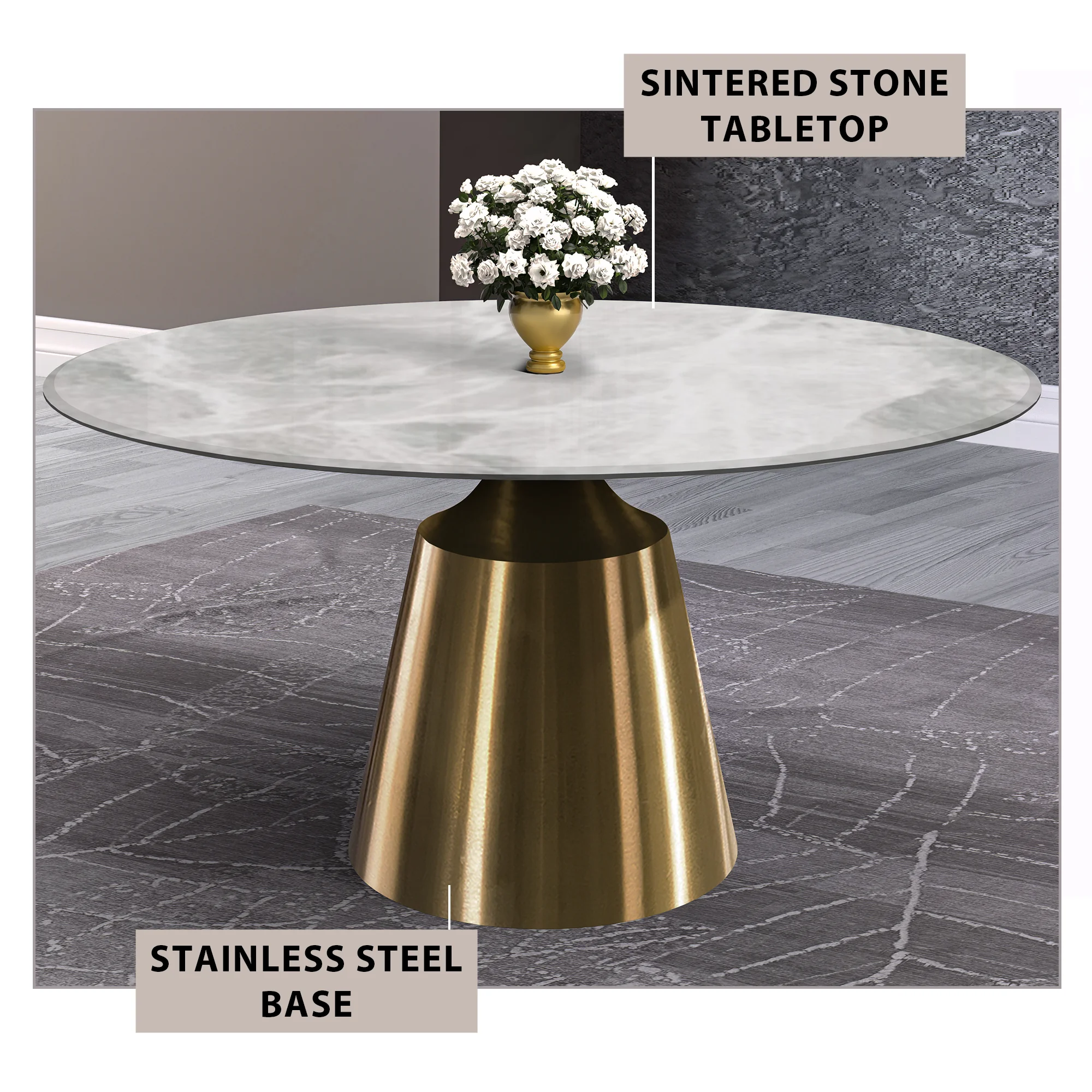Prynn Series Round Dining Table Gold Base with 60 Round Light Grey Sintered Stone Top