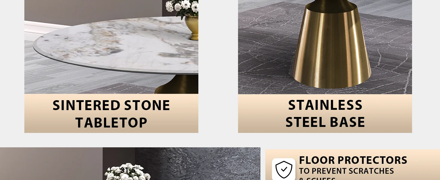 Prynn Series Round Dining Table Gold Base with 60 Round Medium Grey Sintered Stone Top