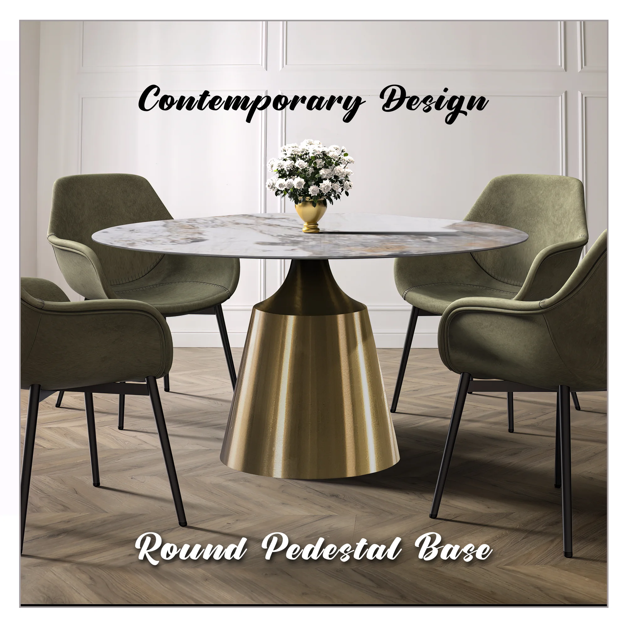 Prynn Series Round Dining Table Gold Base with 60 Round Medium Grey Sintered Stone Top
