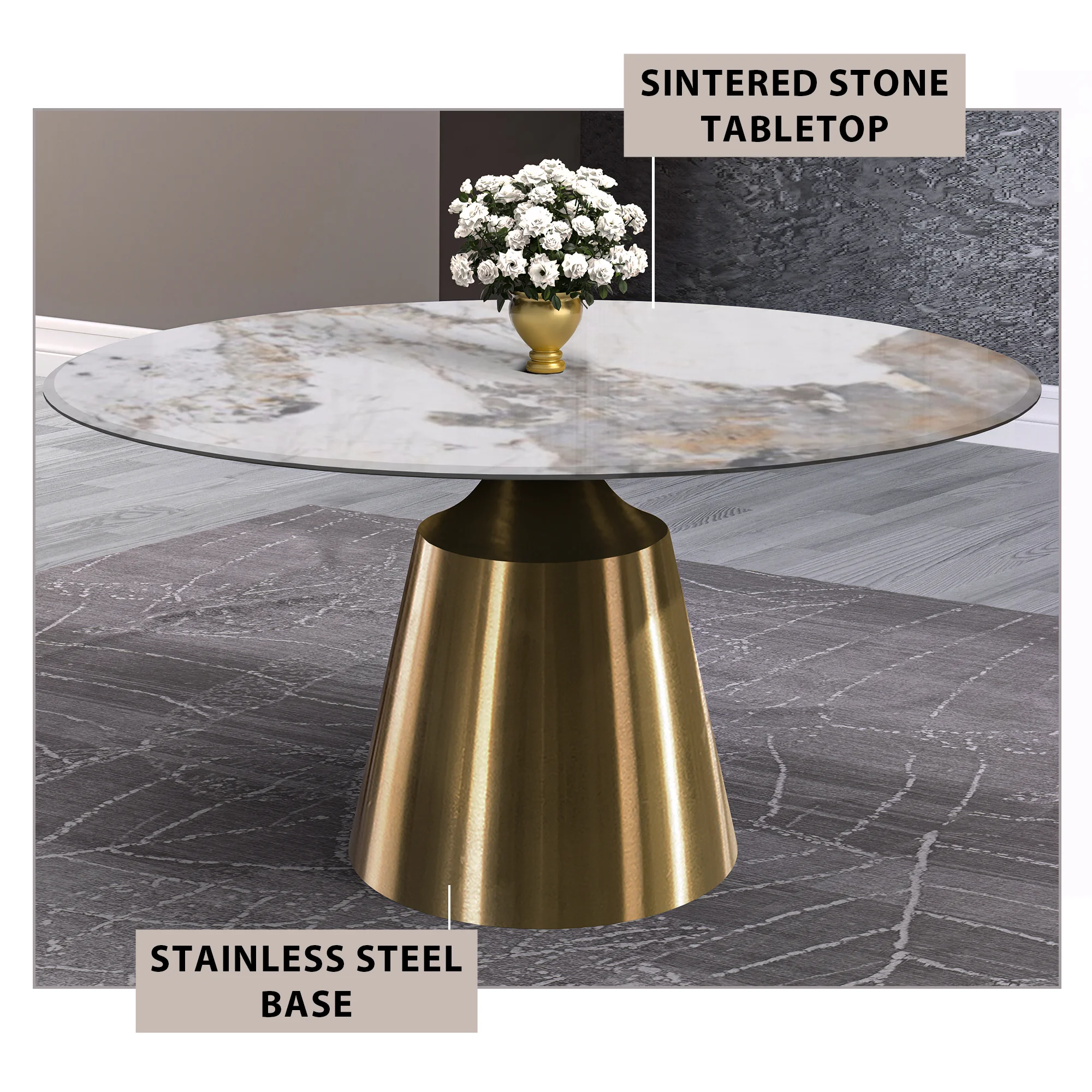 Prynn Series Round Dining Table Gold Base with 60 Round Medium Grey Sintered Stone Top