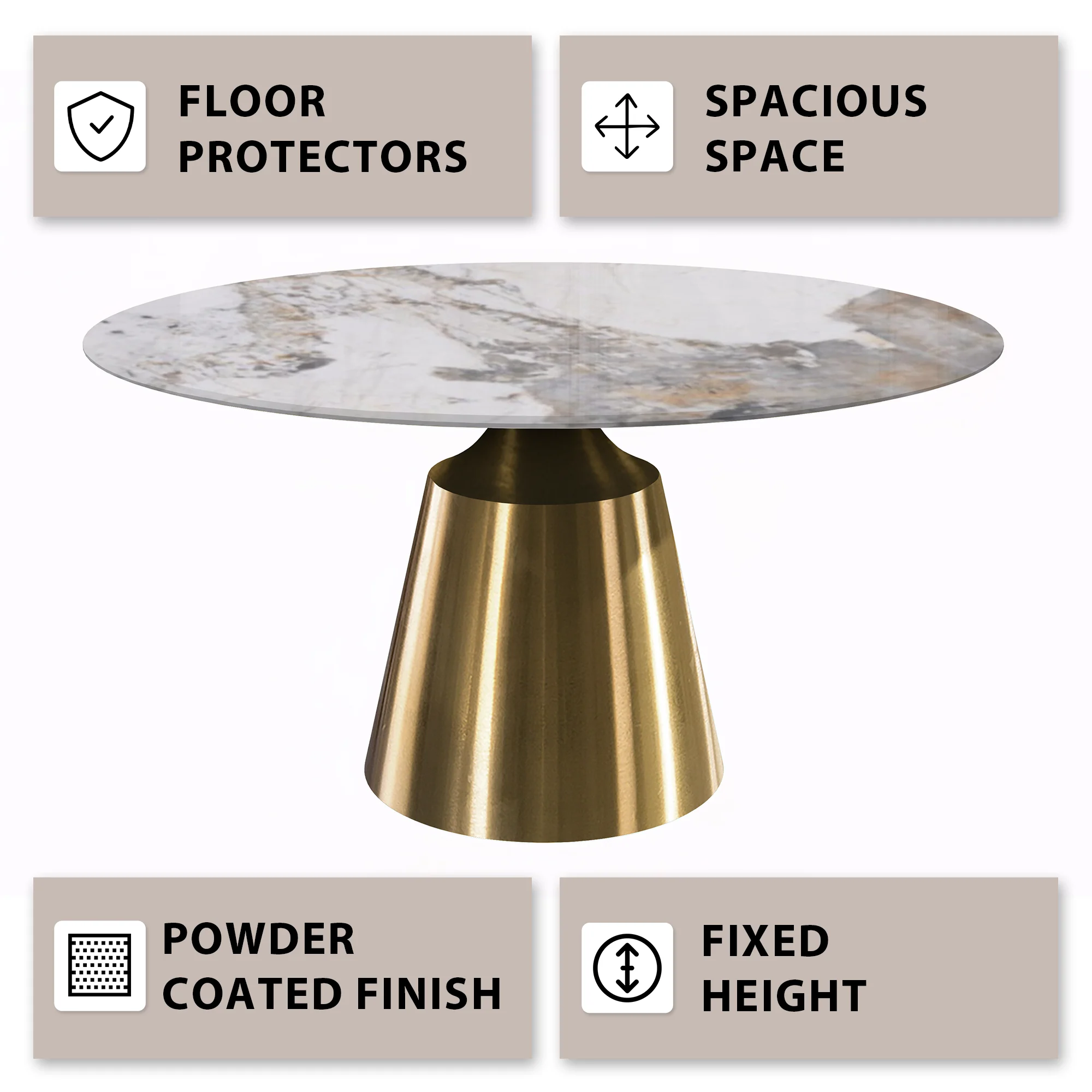 Prynn Series Round Dining Table Gold Base with 60 Round Medium Grey Sintered Stone Top