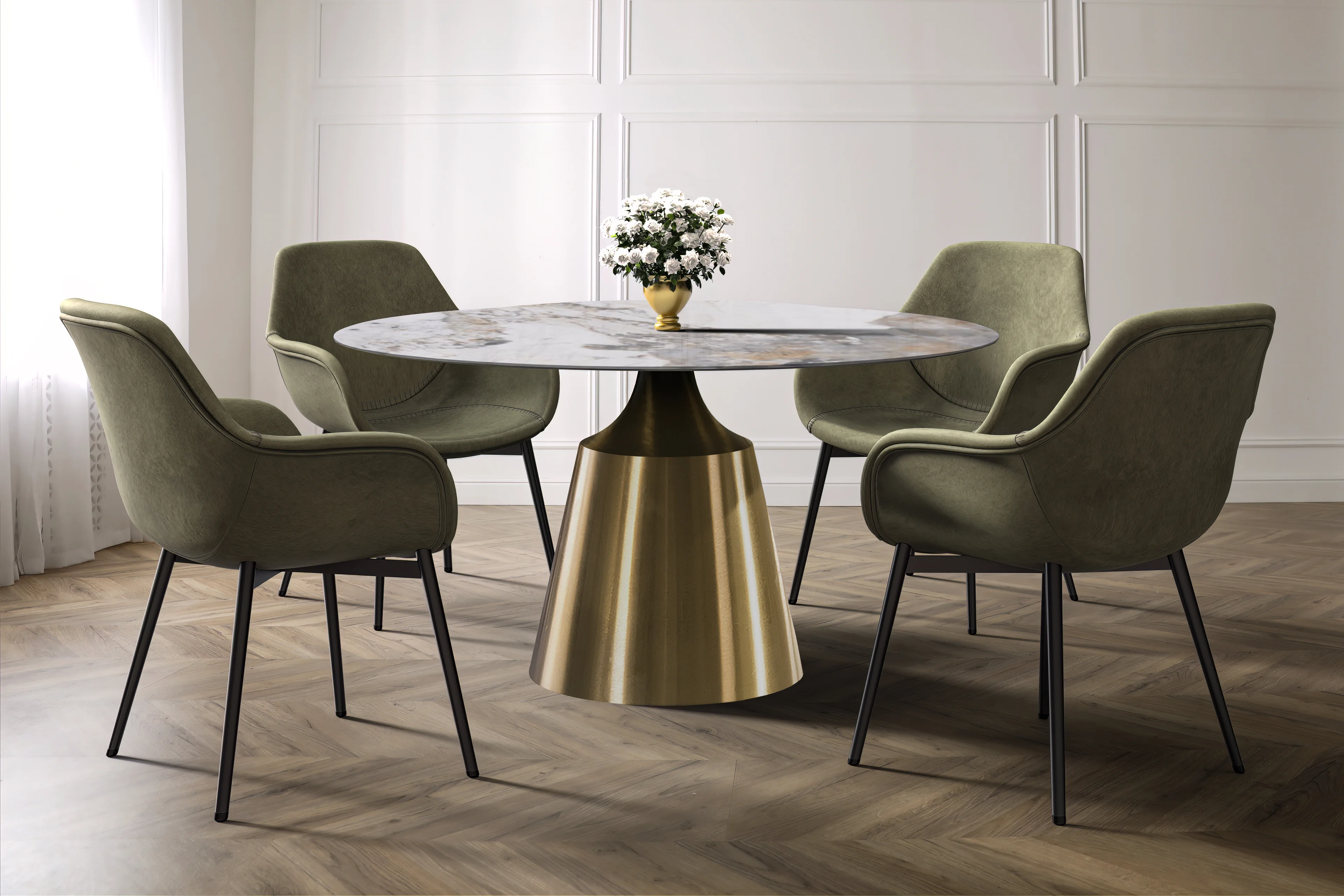 Prynn Series Round Dining Table Gold Base with 60 Round Medium Grey Sintered Stone Top
