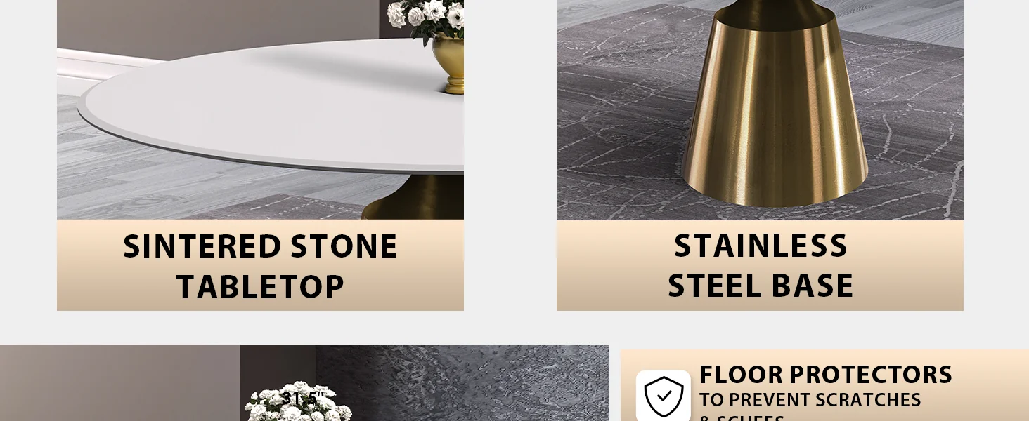 Prynn Series Round Dining Table Gold Base with 60 Round Solid White Sintered Stone Top