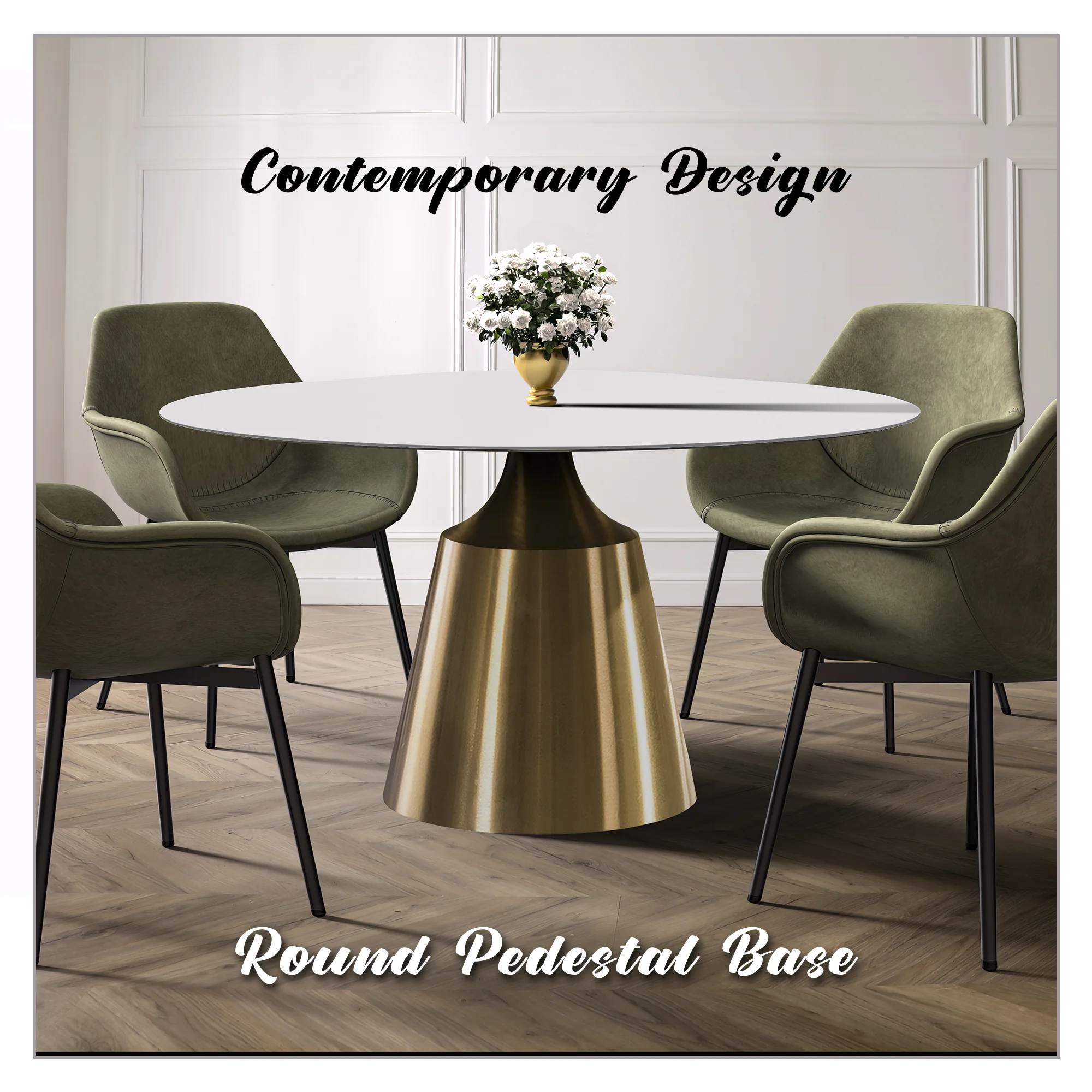 Prynn Series Round Dining Table Gold Base with 60 Round Solid White Sintered Stone Top
