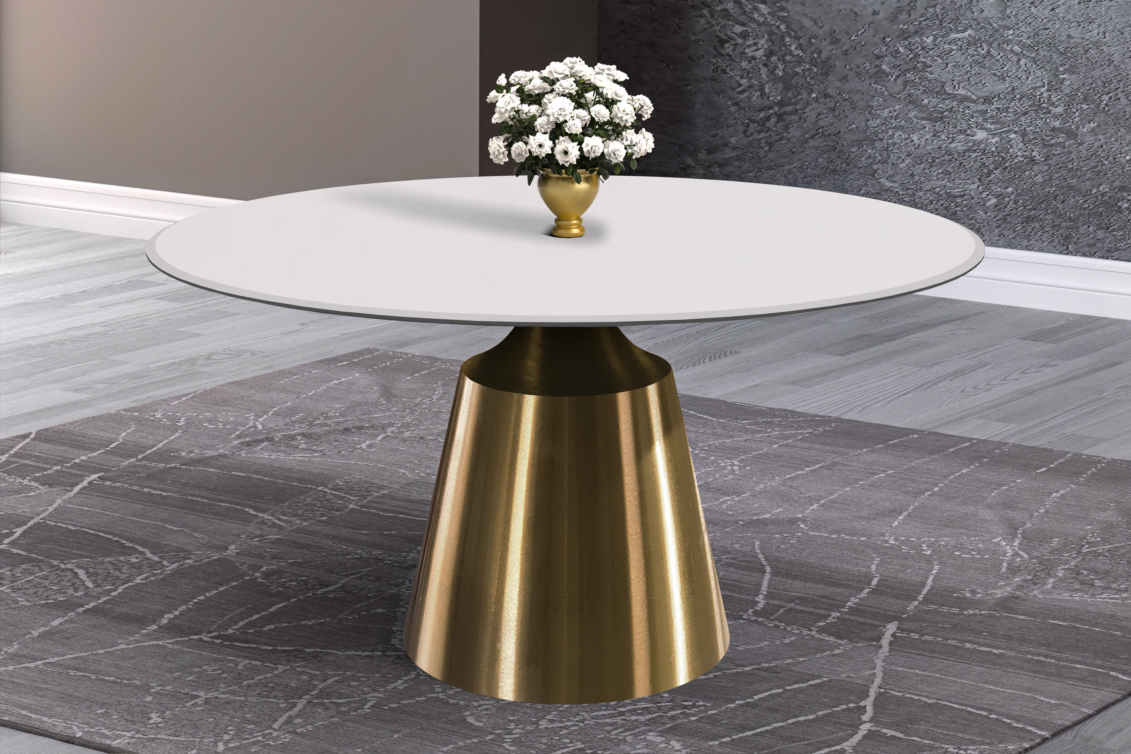 Prynn Series Round Dining Table Gold Base with 60 Round Solid White Sintered Stone Top