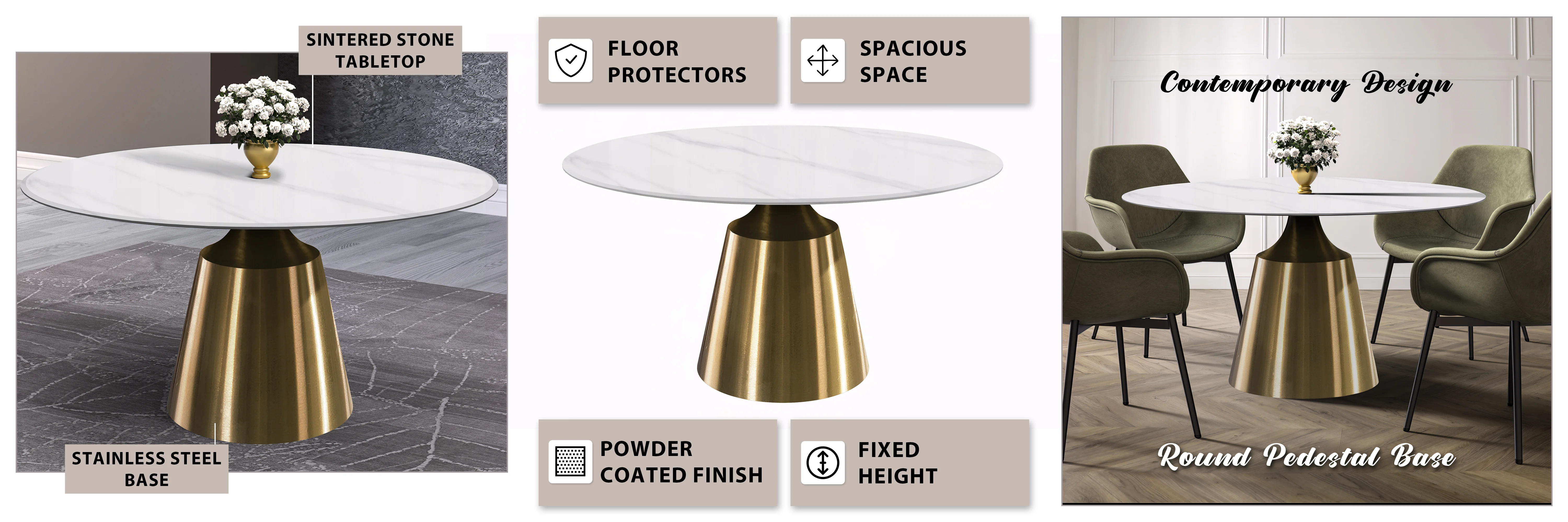 Prynn Series Round Dining Table Gold Base with 60 Round White Sintered Stone Top