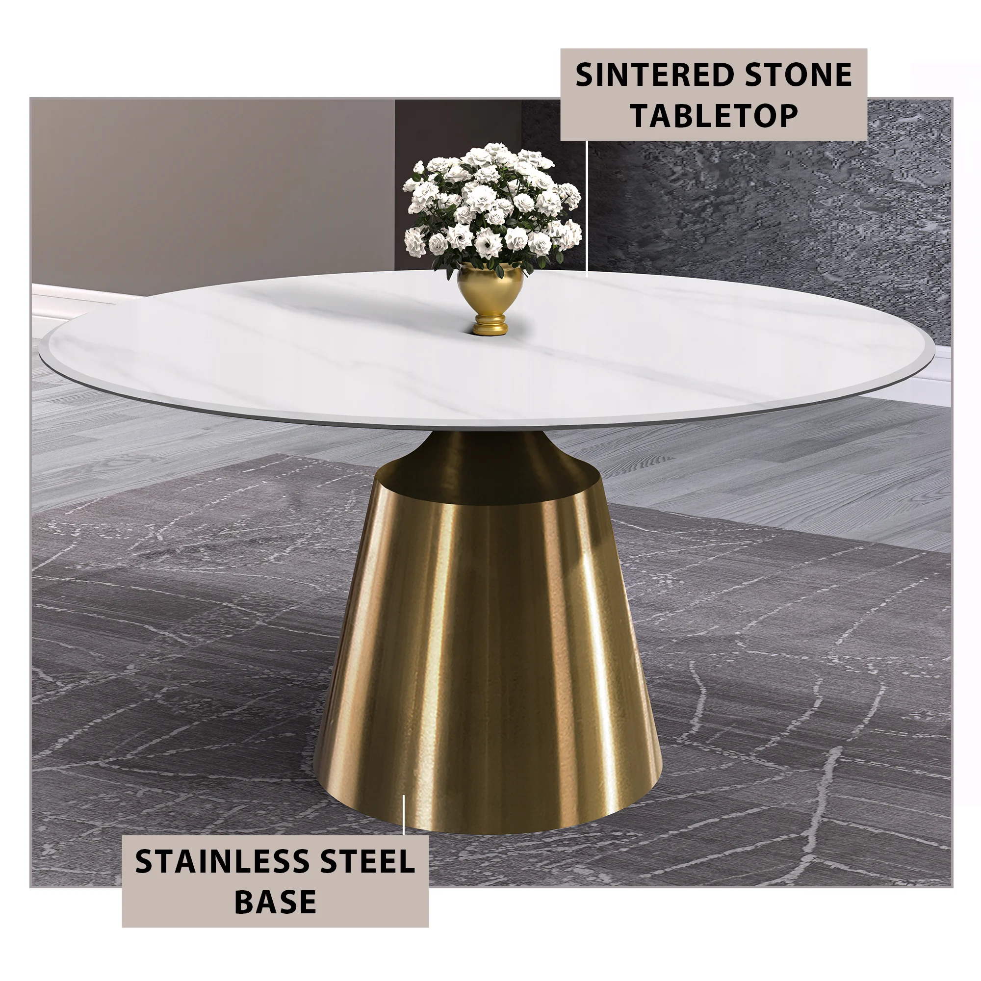 Prynn Series Round Dining Table Gold Base with 60 Round White Sintered Stone Top