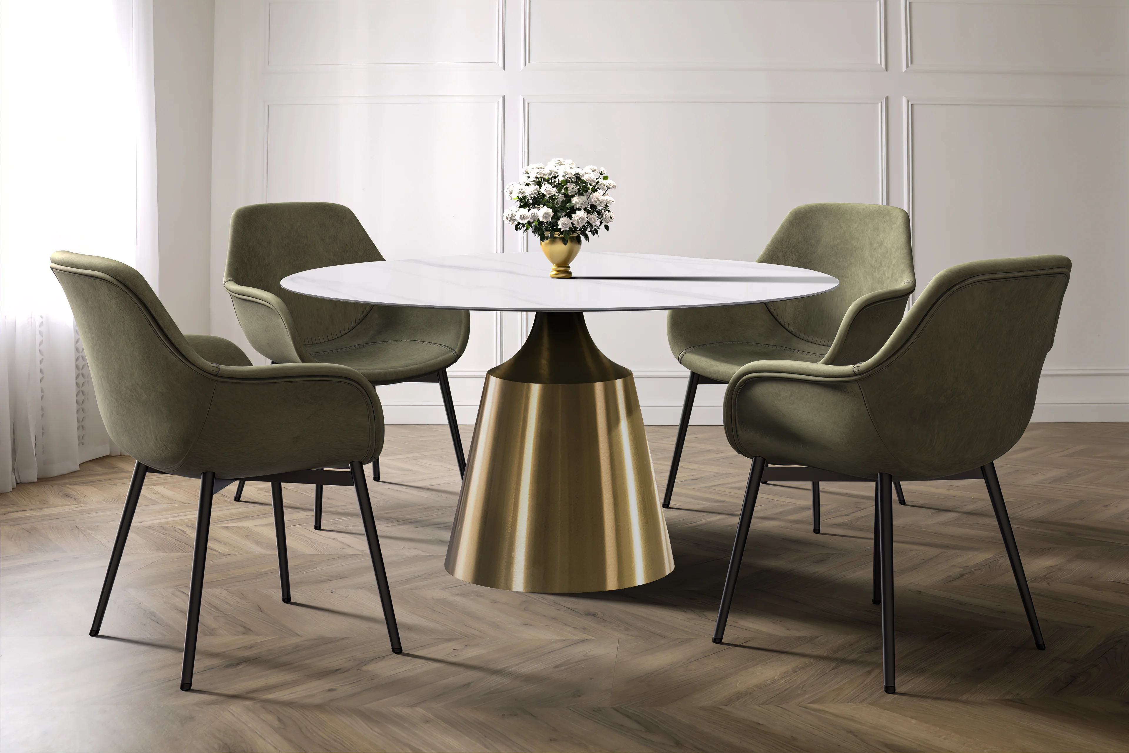 Prynn Series Round Dining Table Gold Base with 60 Round White Sintered Stone Top