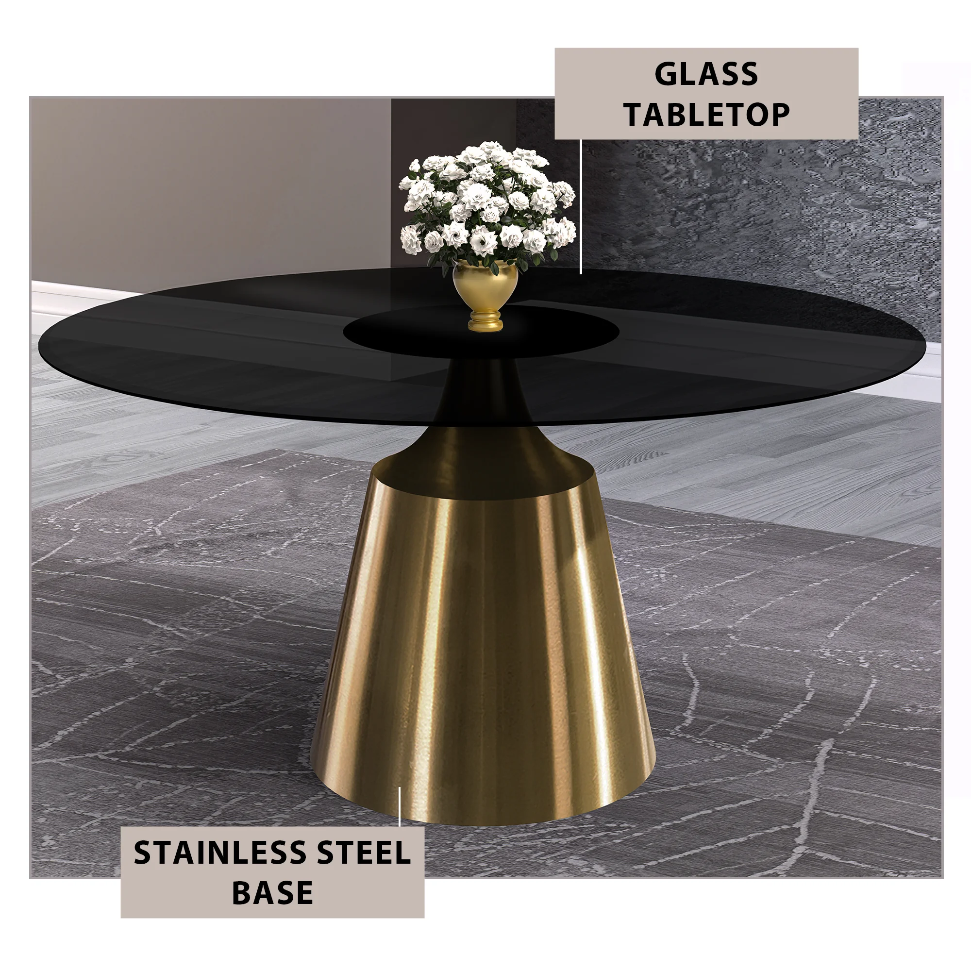 Prynn Series Round Dining Table Gold Base with 71 Round BLack Glass Top