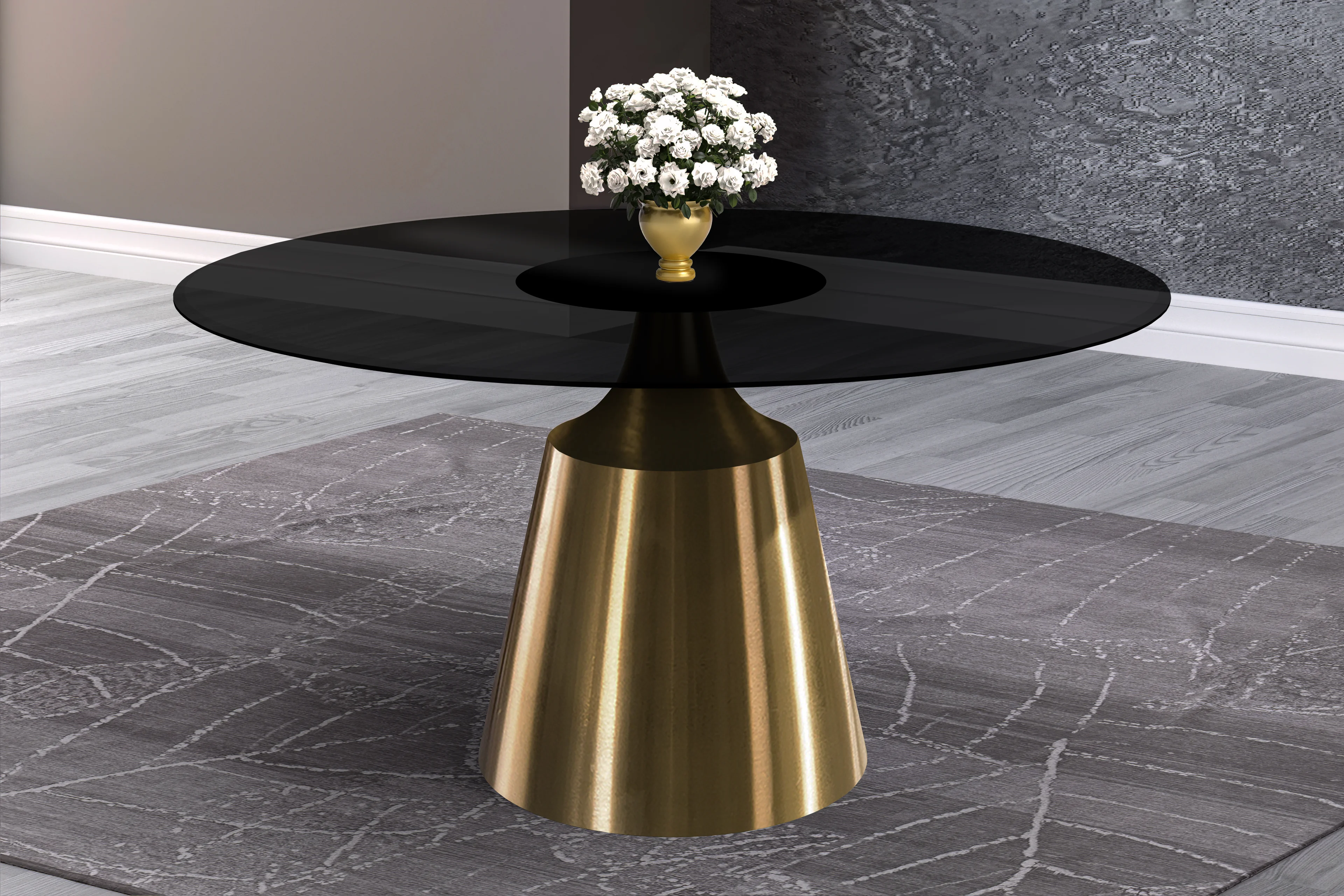 Prynn Series Round Dining Table Gold Base with 71 Round BLack Glass Top