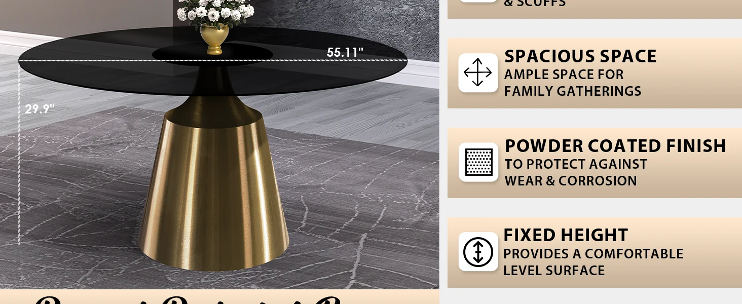 Prynn Series Round Dining Table Gold Base with 71 Round BLack Glass Top