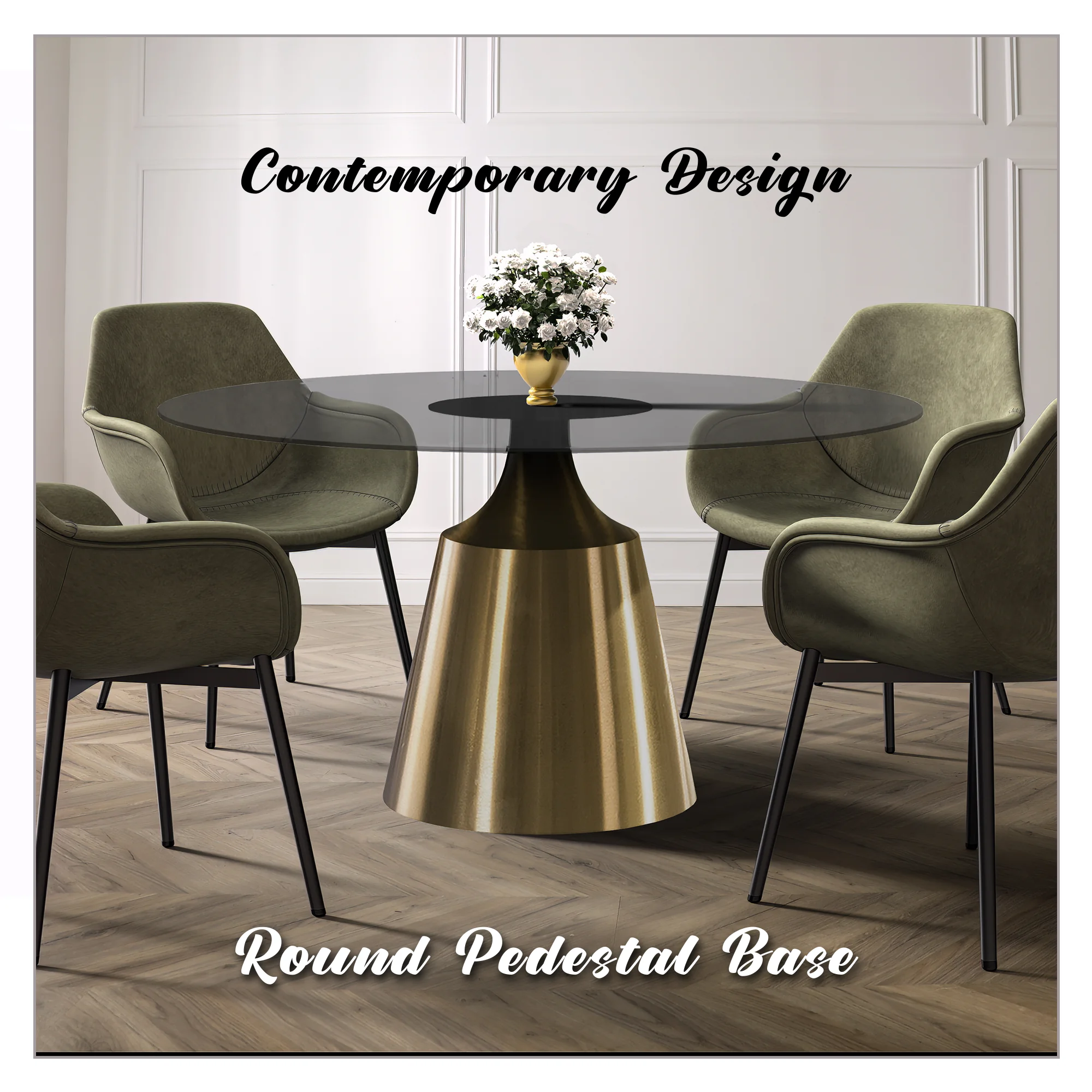 Prynn Series Round Dining Table Gold Base with 71 Round Clear Glass Top