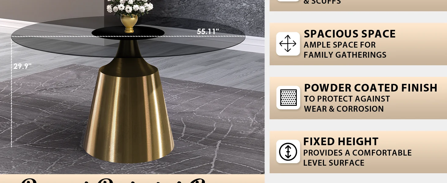 Prynn Series Round Dining Table Gold Base with 71 Round Clear Glass Top