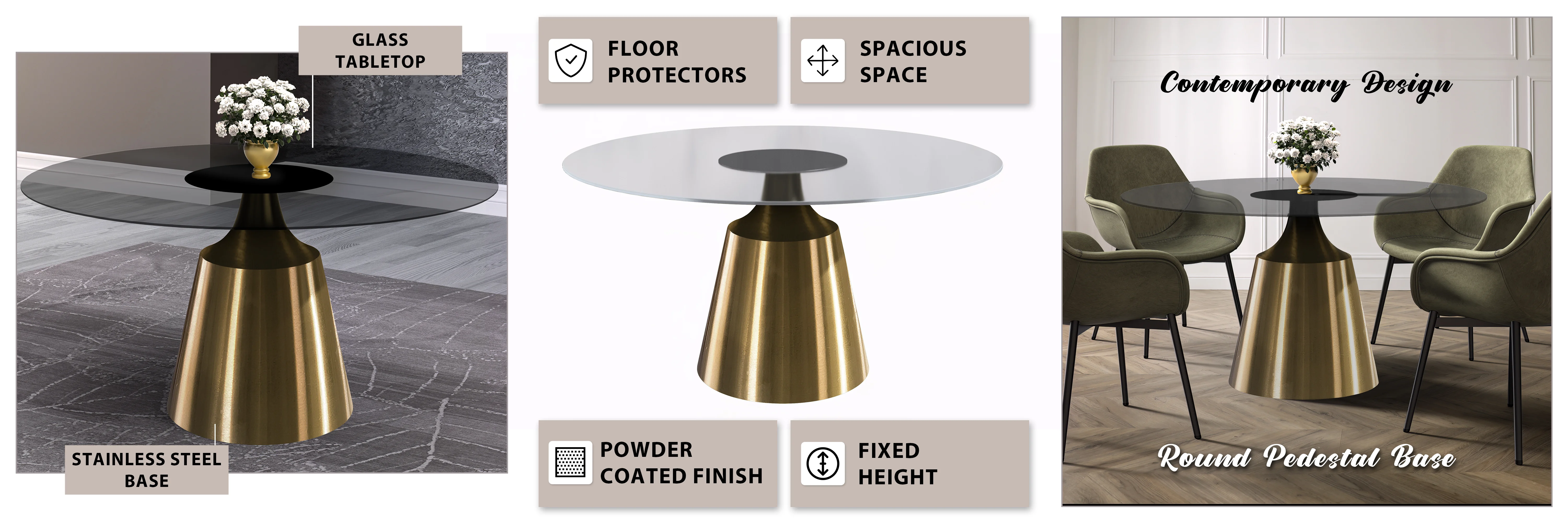Prynn Series Round Dining Table Gold Base with 71 Round Clear Glass Top