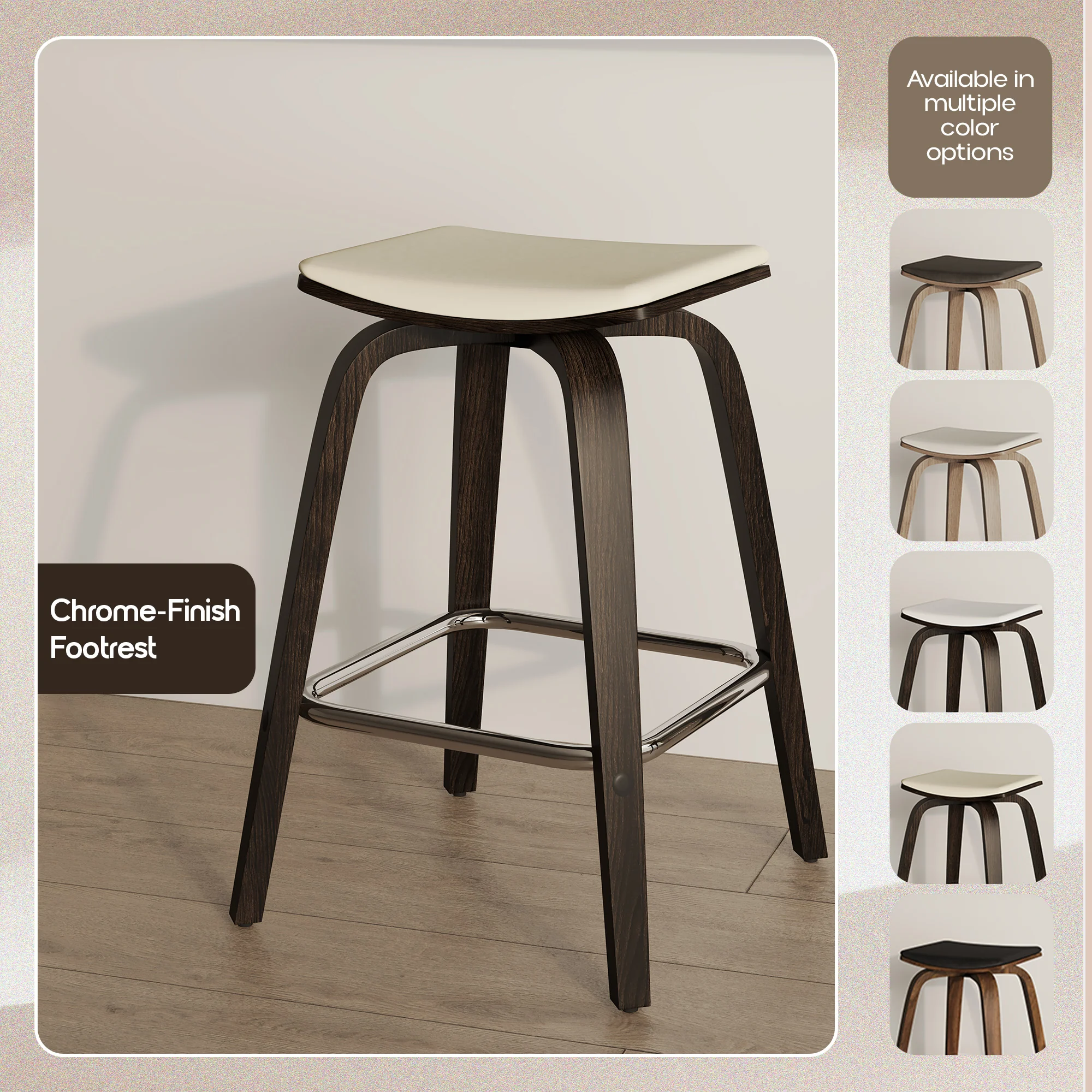 Wooden Counter Stool Square Seat Pelya Collection Modern Style Dark Walnut color in Taupe