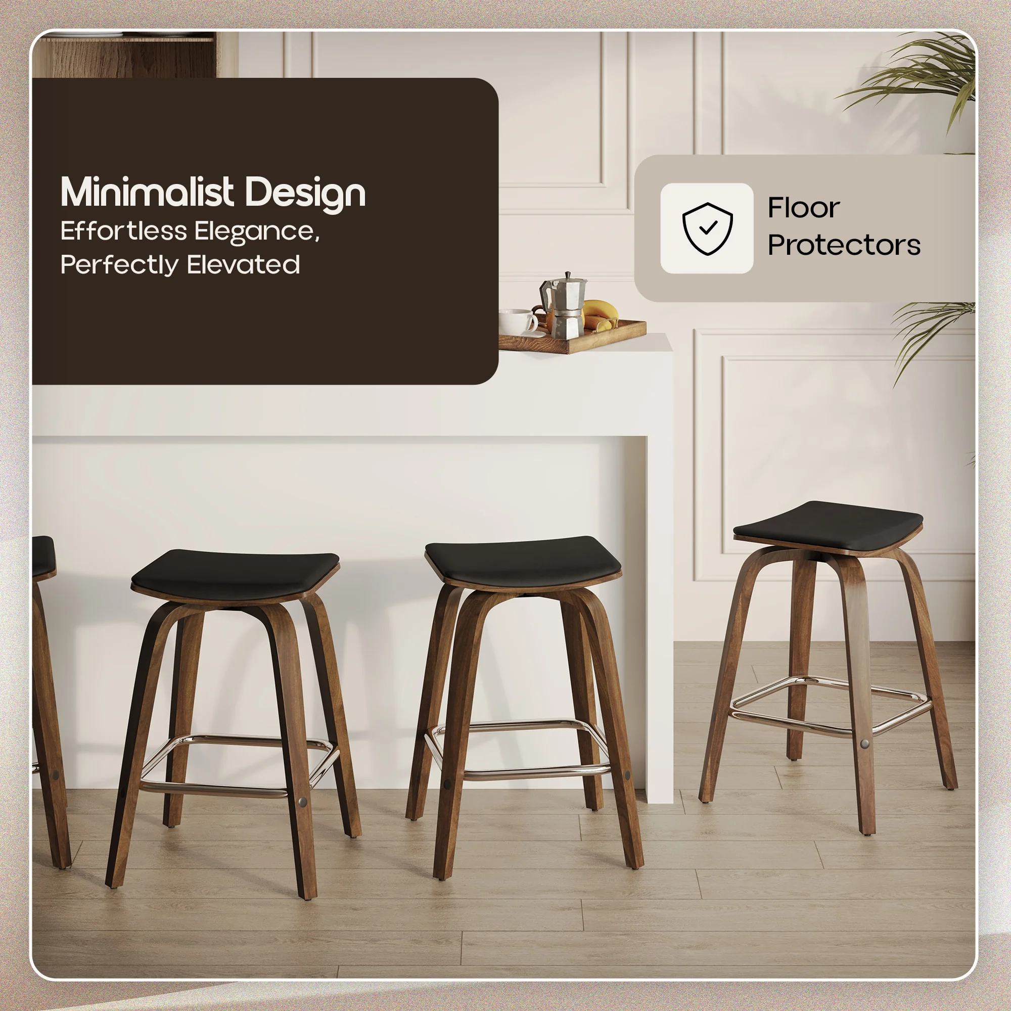 Wooden Counter Stool Square Seat Pelya Collection Modern Style Walnut color in Black