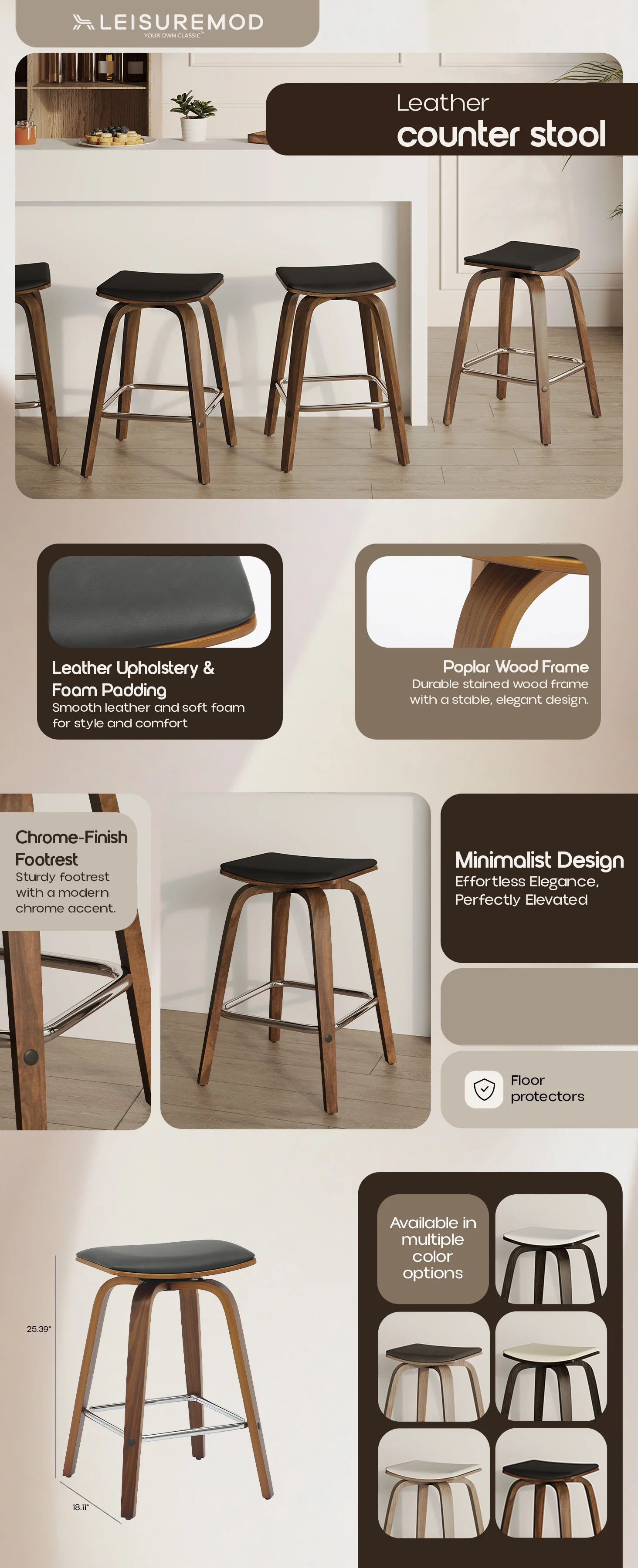 Wooden Counter Stool Square Seat Pelya Collection Modern Style Walnut color in Black