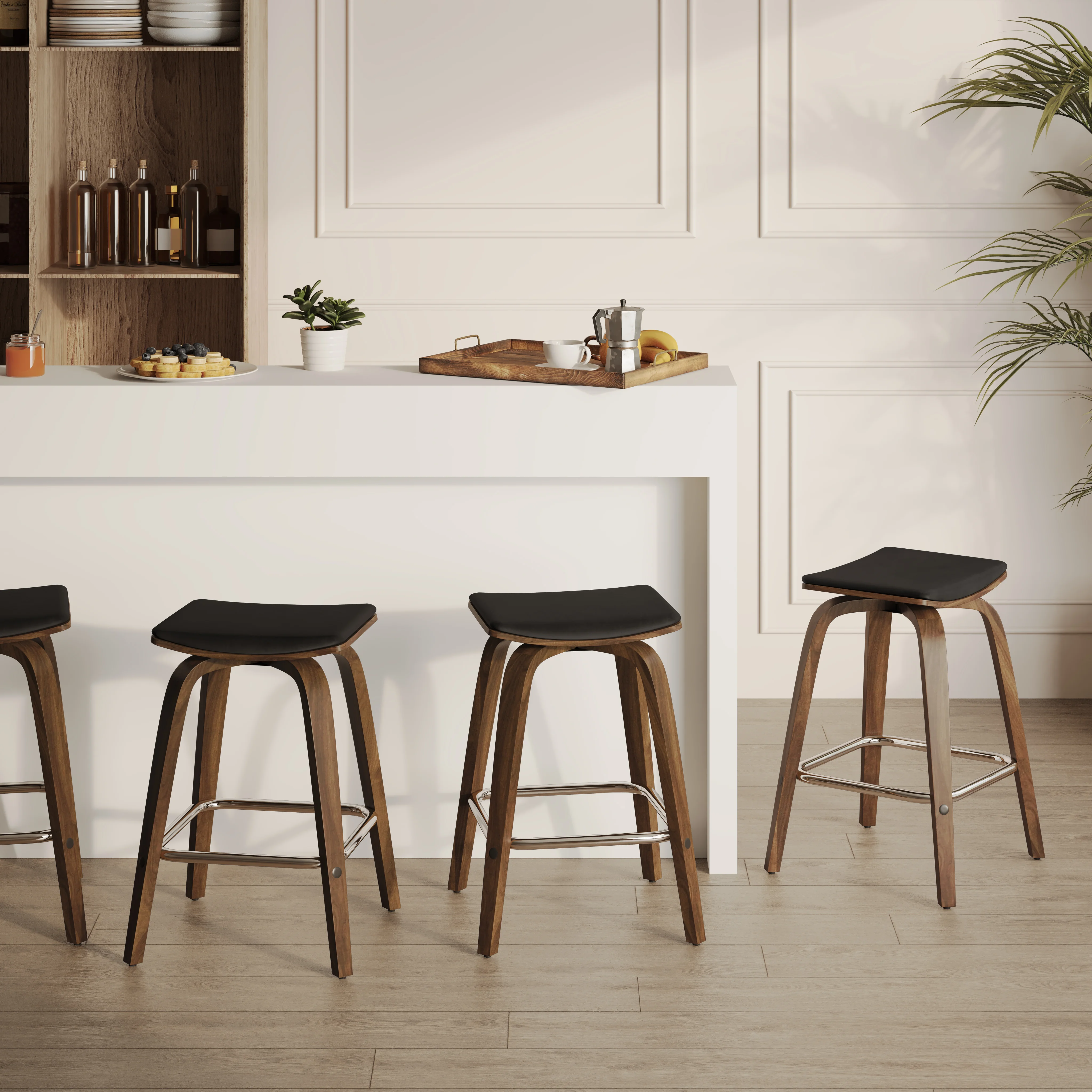 Wooden Counter Stool Square Seat Pelya Collection Modern Style Walnut color in Black