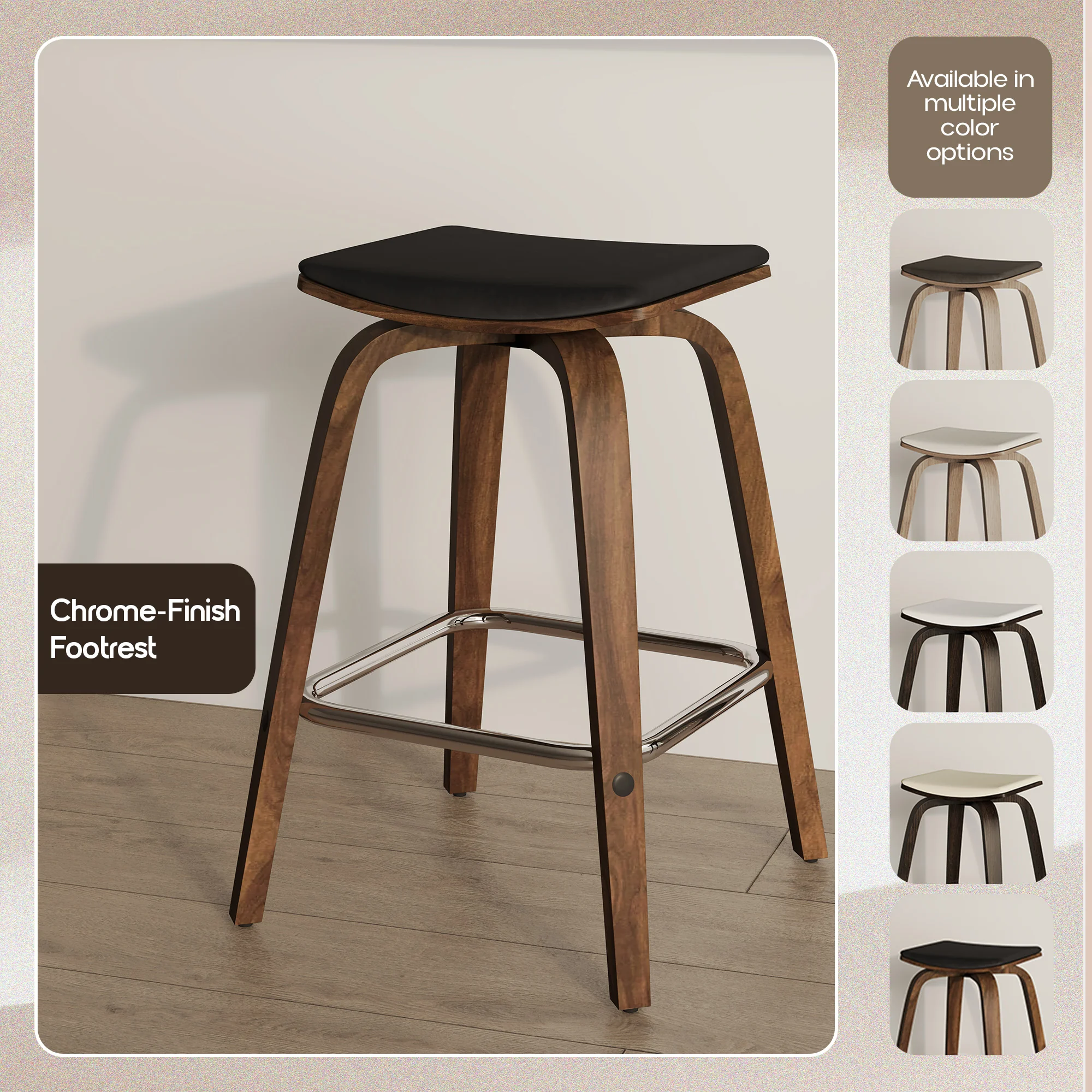Wooden Counter Stool Square Seat Pelya Collection Modern Style Walnut color in Black