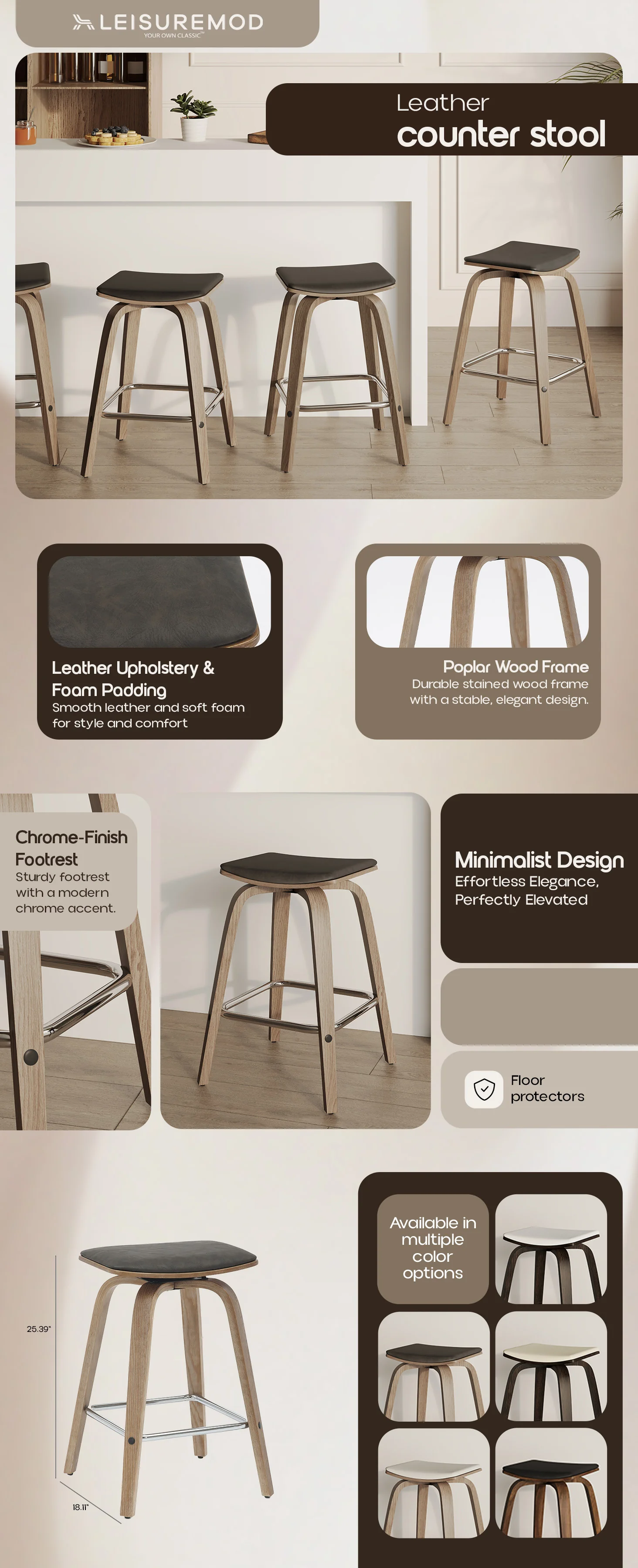 Wooden Counter Stool Square Seat Pelya Collection Modern Style Washed Walnut color in Brown