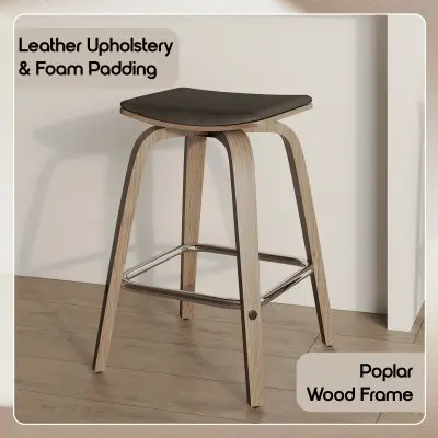 Wooden Counter Stool Square Seat Pelya Collection Modern Style Washed Walnut color in Brown