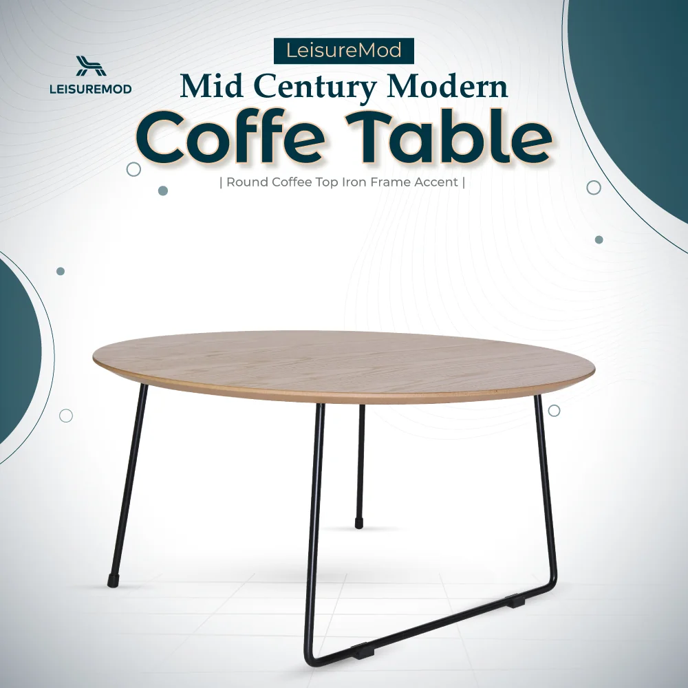 Pemborke Mid Century Modern Round Coffee Table with Wood Top and Powder Coated Iron Frame Accent Table for Living Room and Bedroom