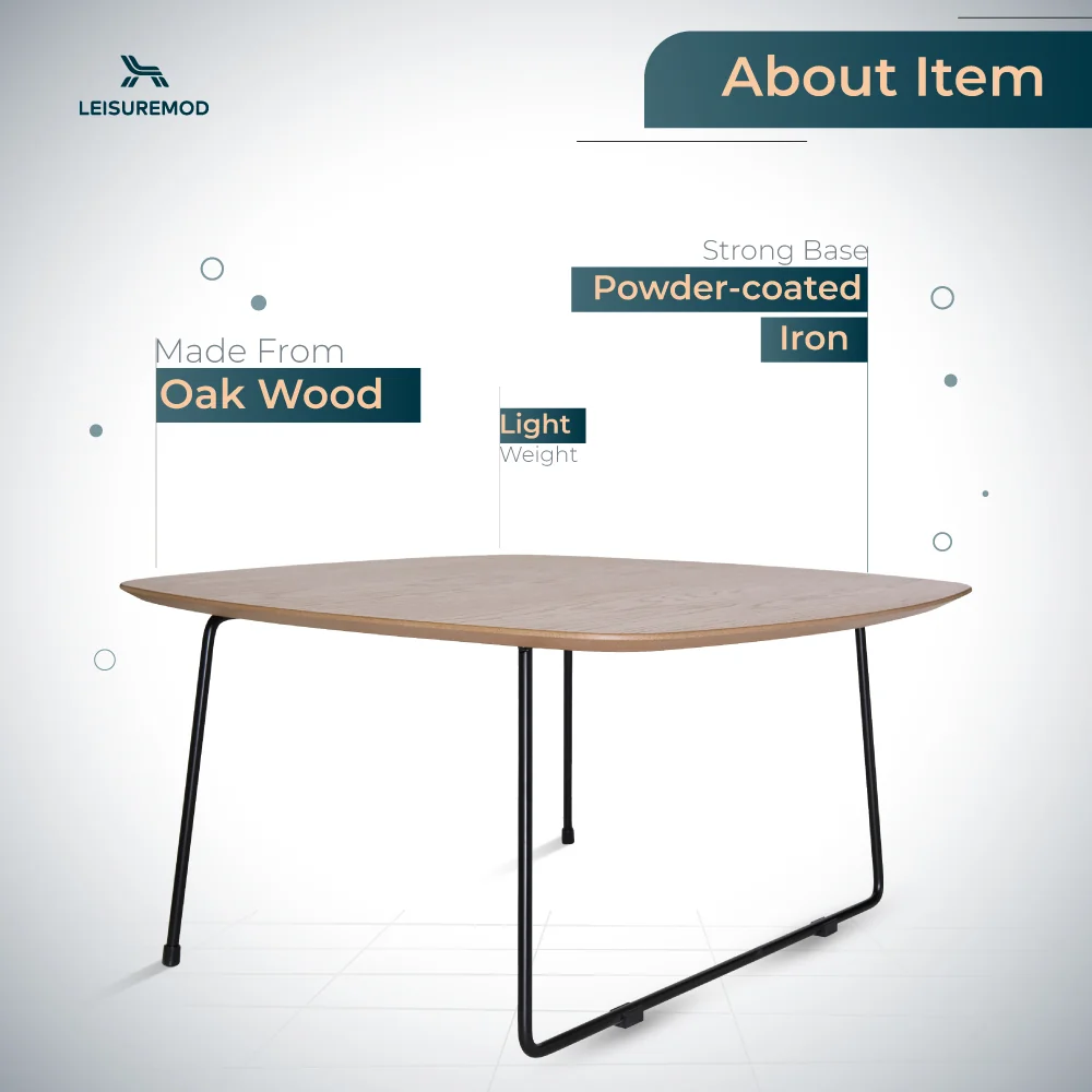 Pemborke Mid Century Modern Square Coffee Table with Wood Top and Powder Coated Iron Frame 
 in Natural Wood