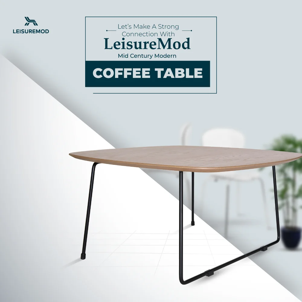 Pemborke Mid Century Modern Square Coffee Table with Wood Top and Powder Coated Iron Frame 
 in Natural Wood