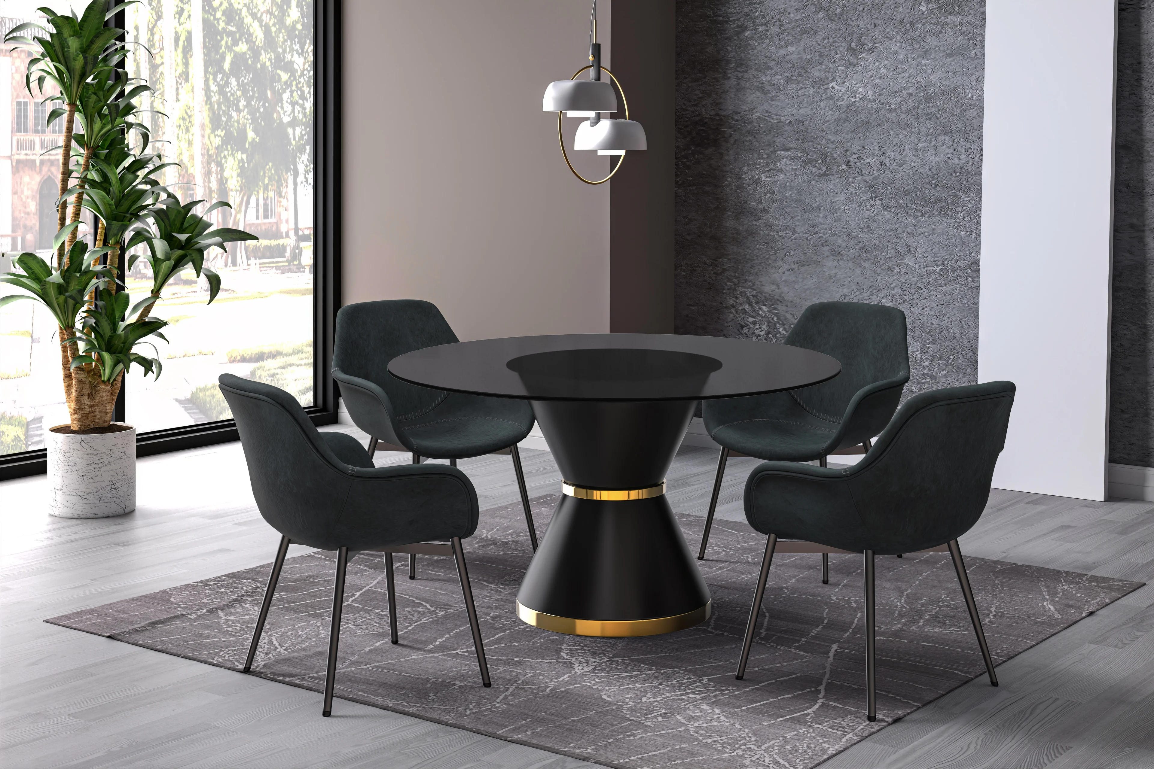 Qorvus Series Round Dining Table Black\Gold Base with 60 Round BLack Glass Top