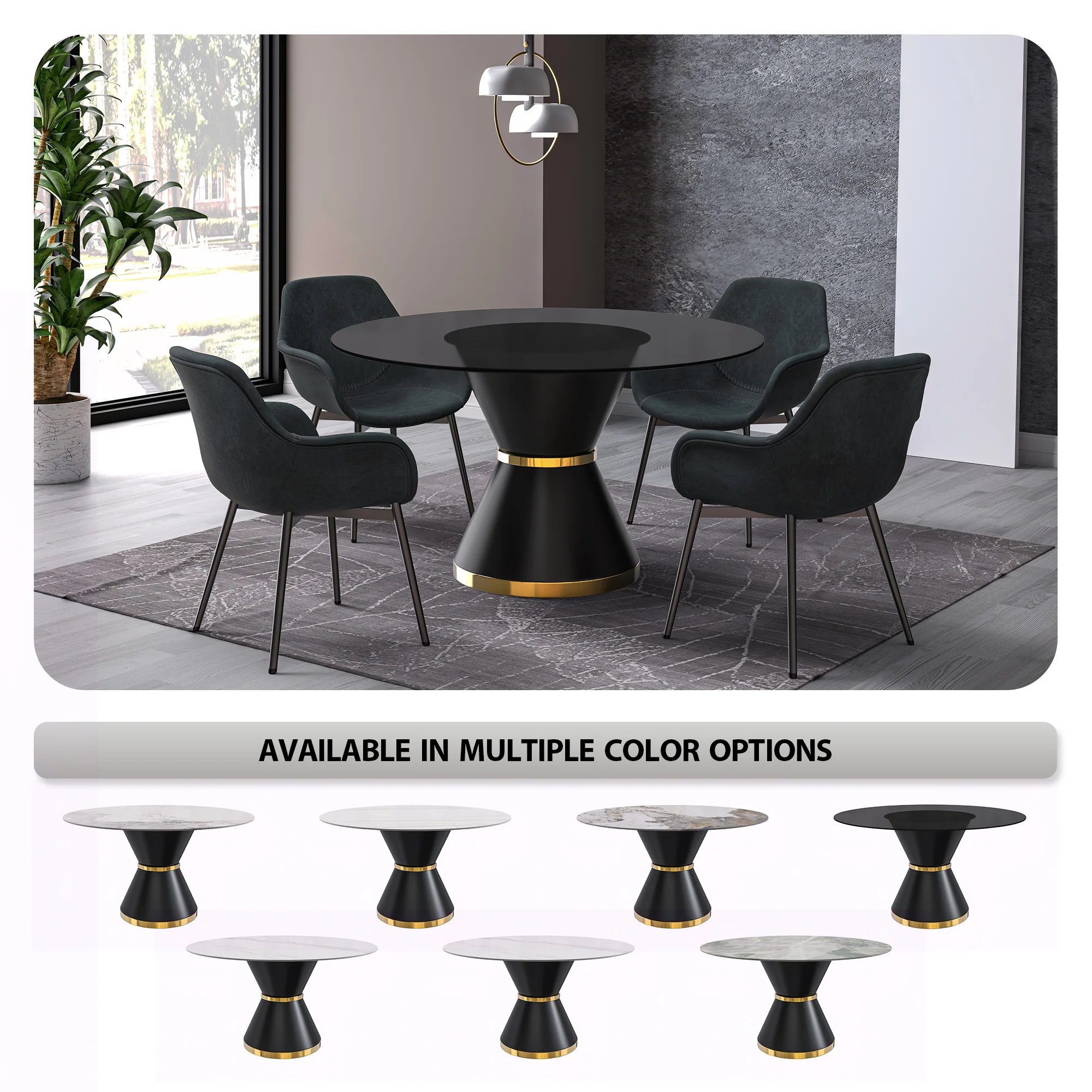 Qorvus Series Round Dining Table Black\Gold Base with 60 Round BLack Glass Top