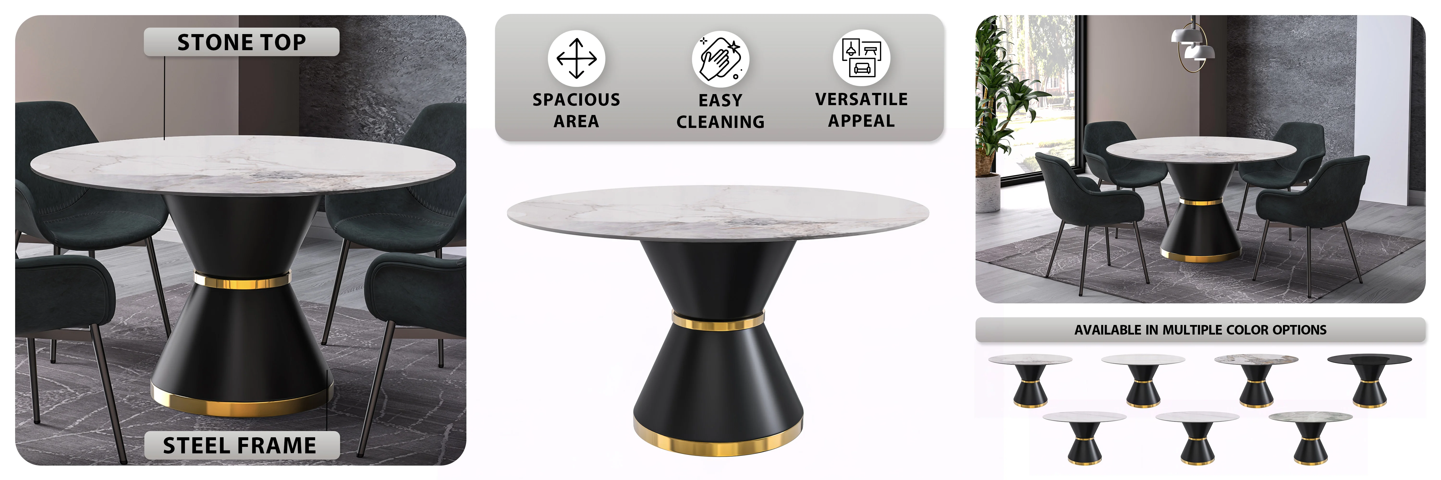 Qorvus Series Round Dining Table Black\Gold Base with 60 Round White Grey Sintered Stone Top