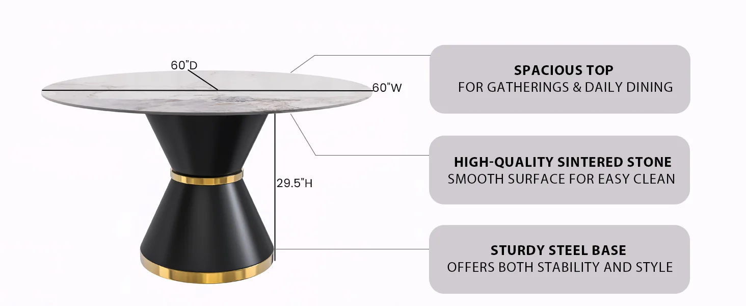 Qorvus Series Round Dining Table Black\Gold Base with 60 Round White Grey Sintered Stone Top