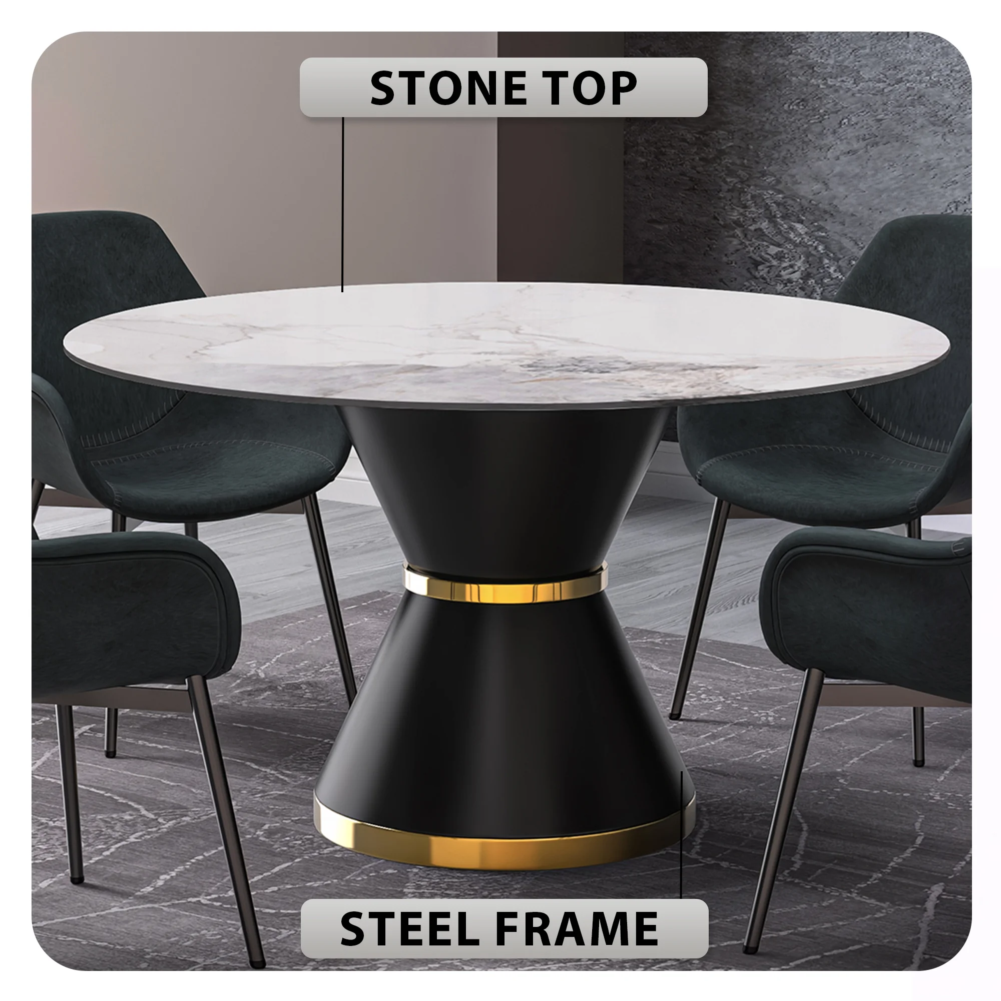 Qorvus Series Round Dining Table Black\Gold Base with 60 Round White Grey Sintered Stone Top