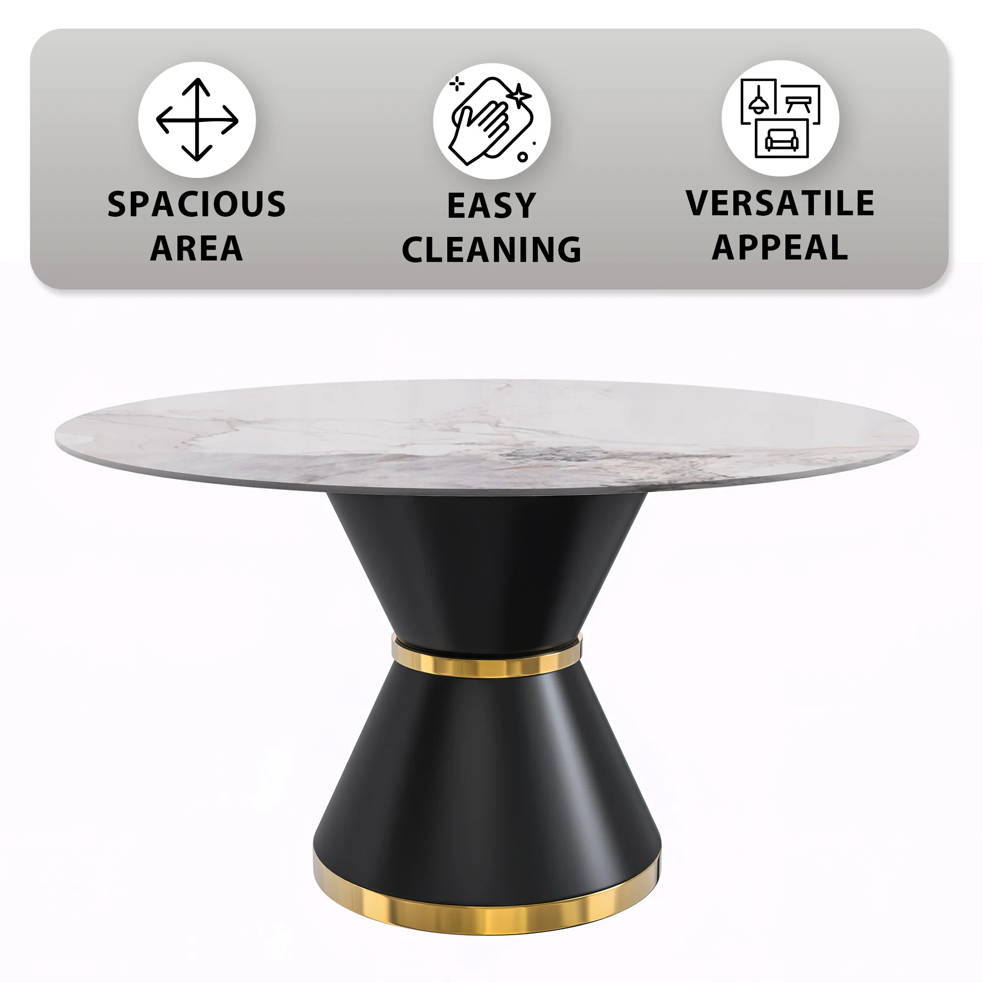 Qorvus Series Round Dining Table Black\Gold Base with 60 Round White Grey Sintered Stone Top