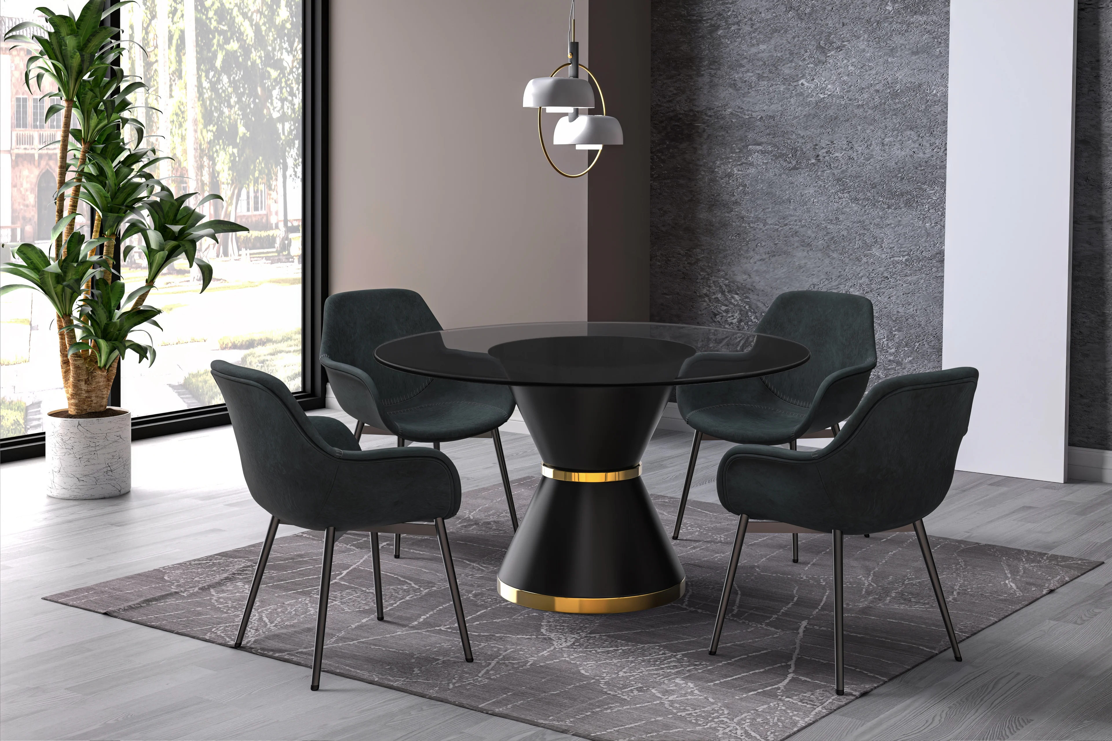 Qorvus Series Round Dining Table Black\Gold Base with 60 Round Clear Glass Top
