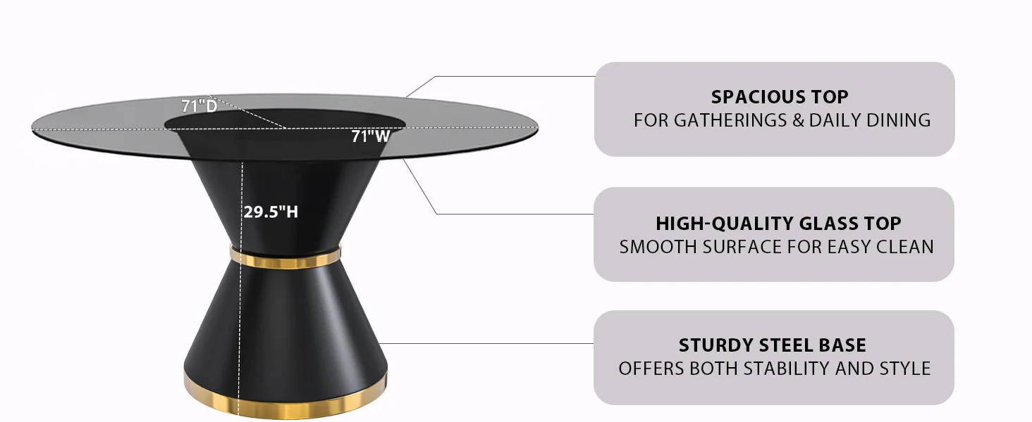 Qorvus Series Round Dining Table Black\Gold Base with 60 Round Clear Glass Top