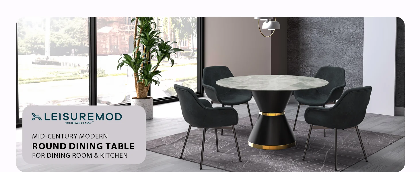 Qorvus Series Round Dining Table Black\Gold Base with 60 Round Light Grey Sintered Stone Top